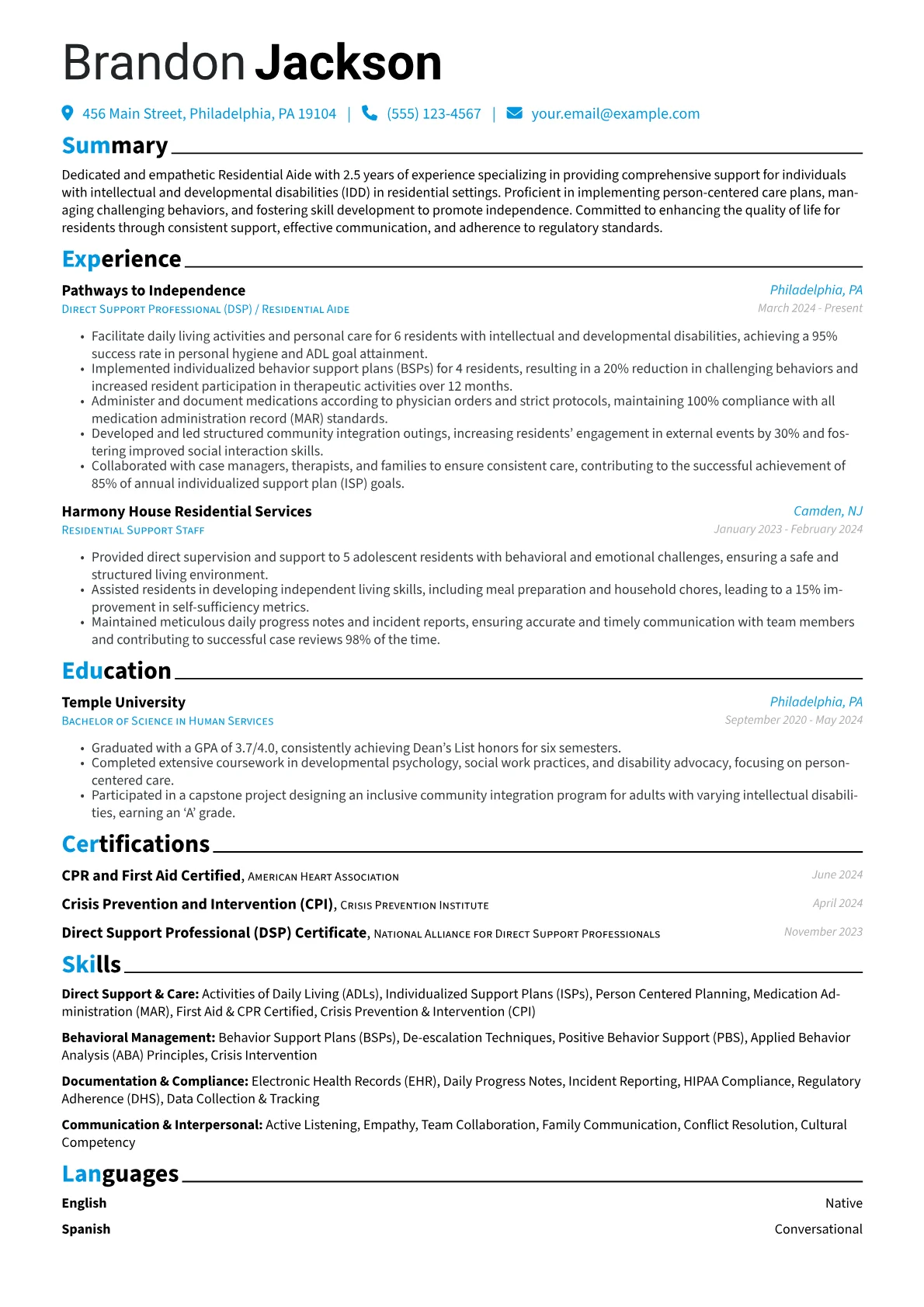 Residential Aide resume example, Residential Aide with IDD, page 1