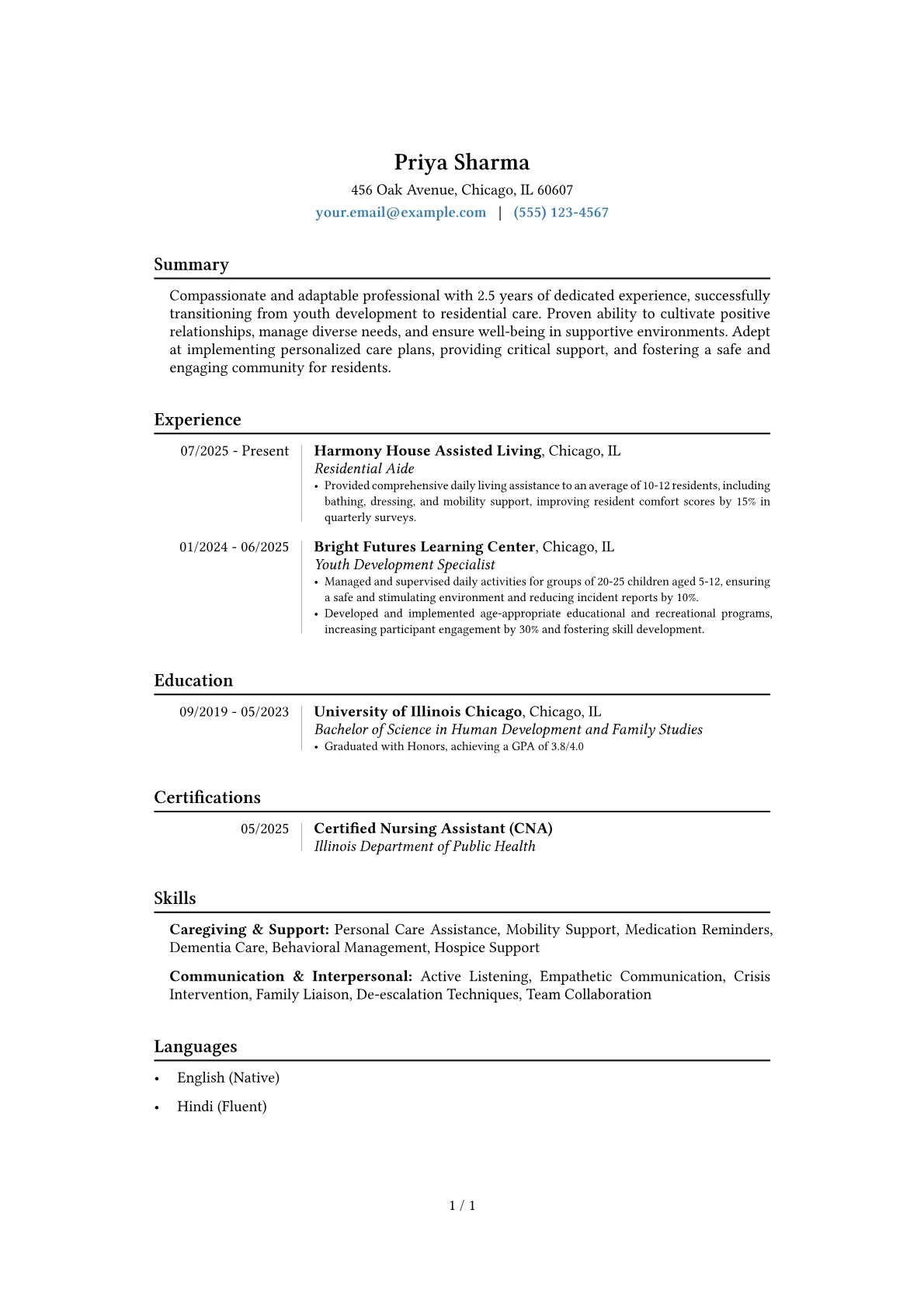 Residential Aide resume example, Career changer, page 1