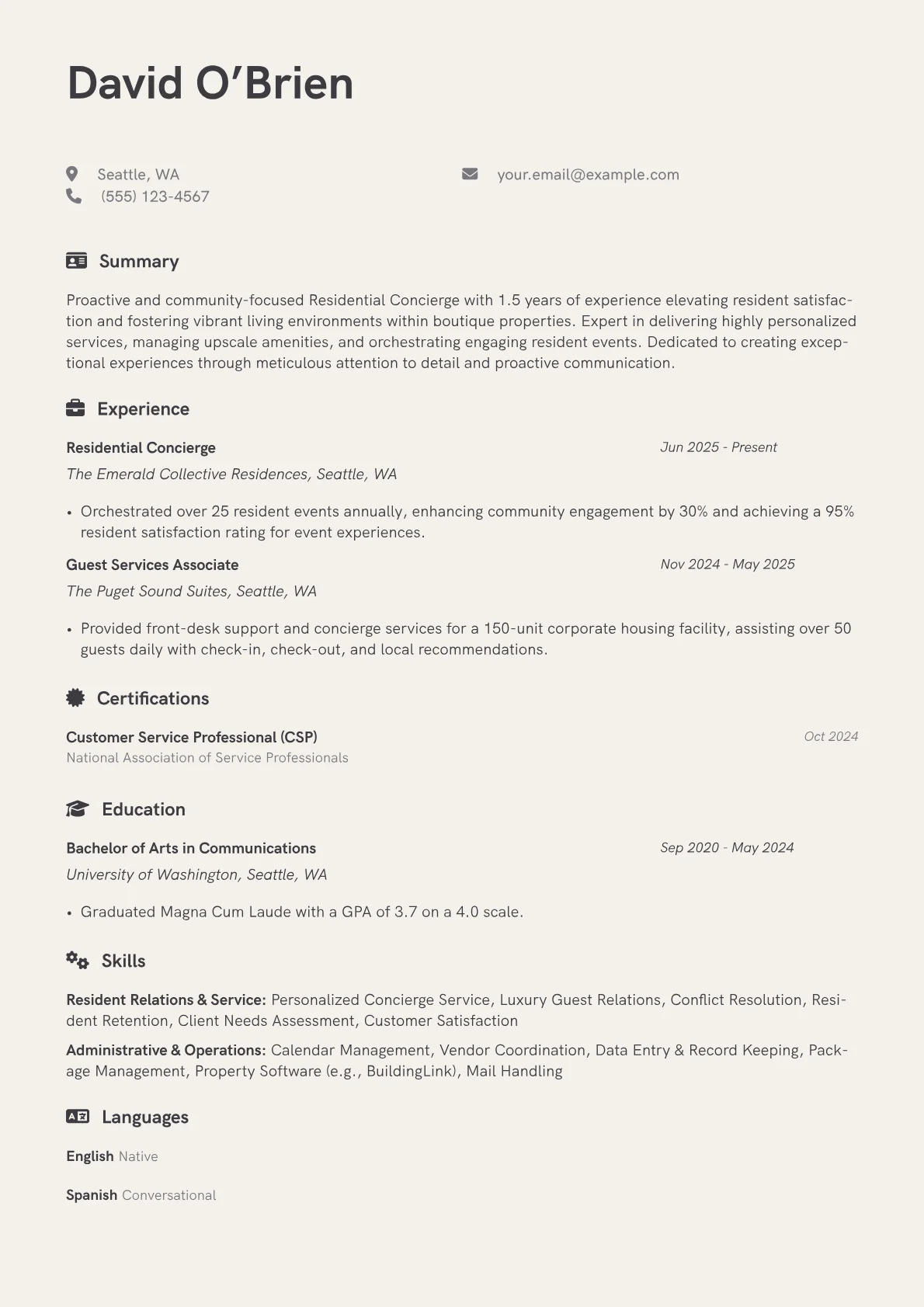 Residential Concierge resume example, Residential Concierge, page 1