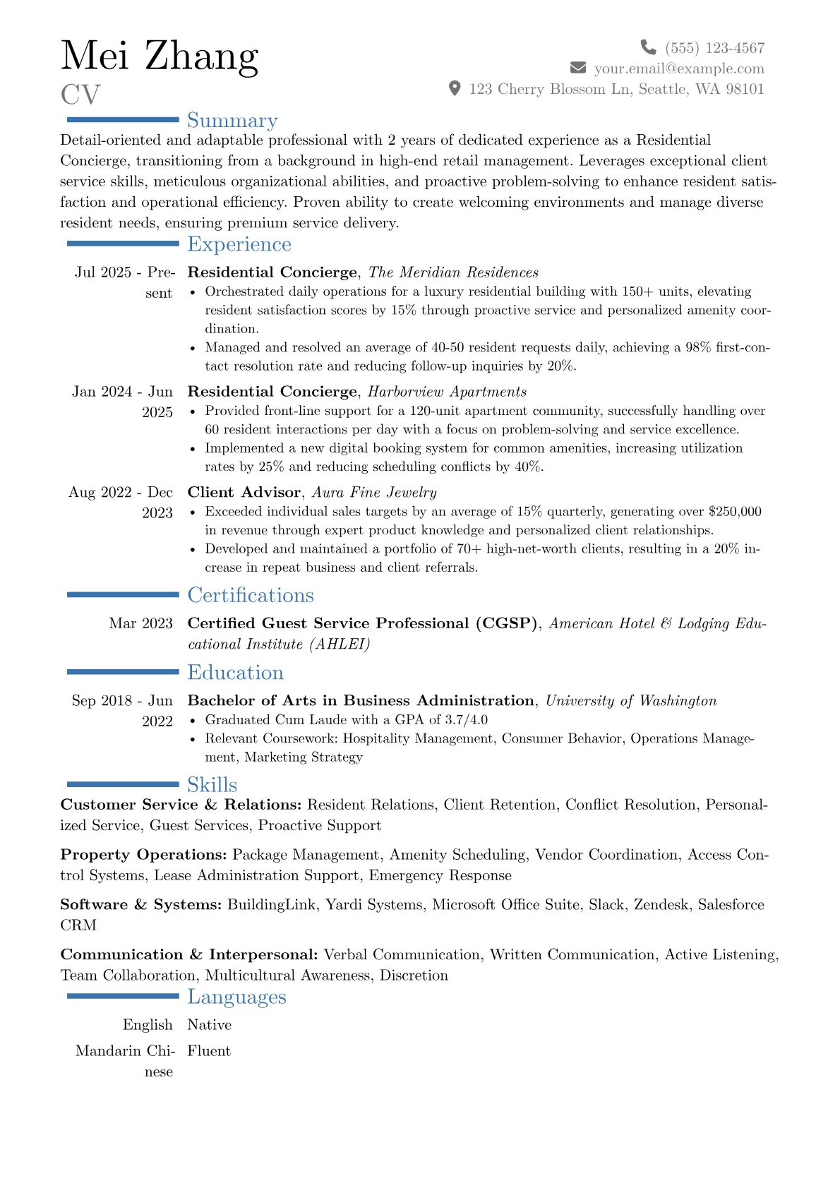 Residential Concierge resume example, Career changer, page 1