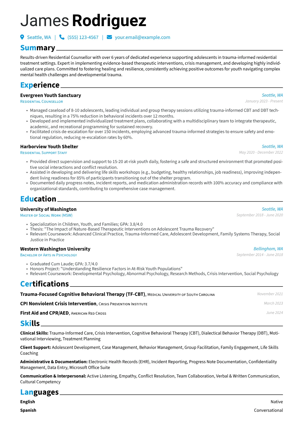 Residential Counsellor resume example, Residential Counsellor, page 1