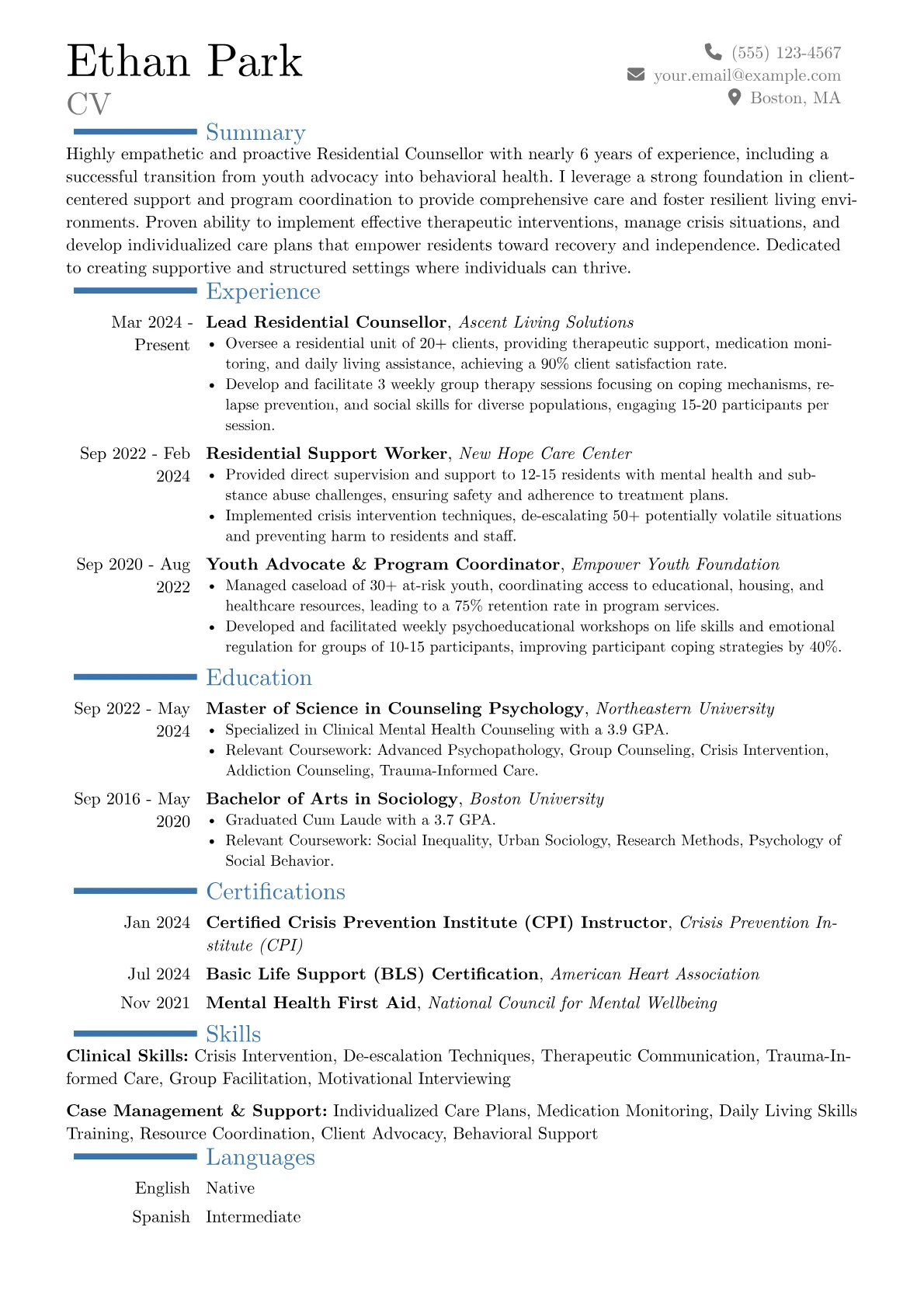 Residential Counsellor resume example, Career changer, page 1