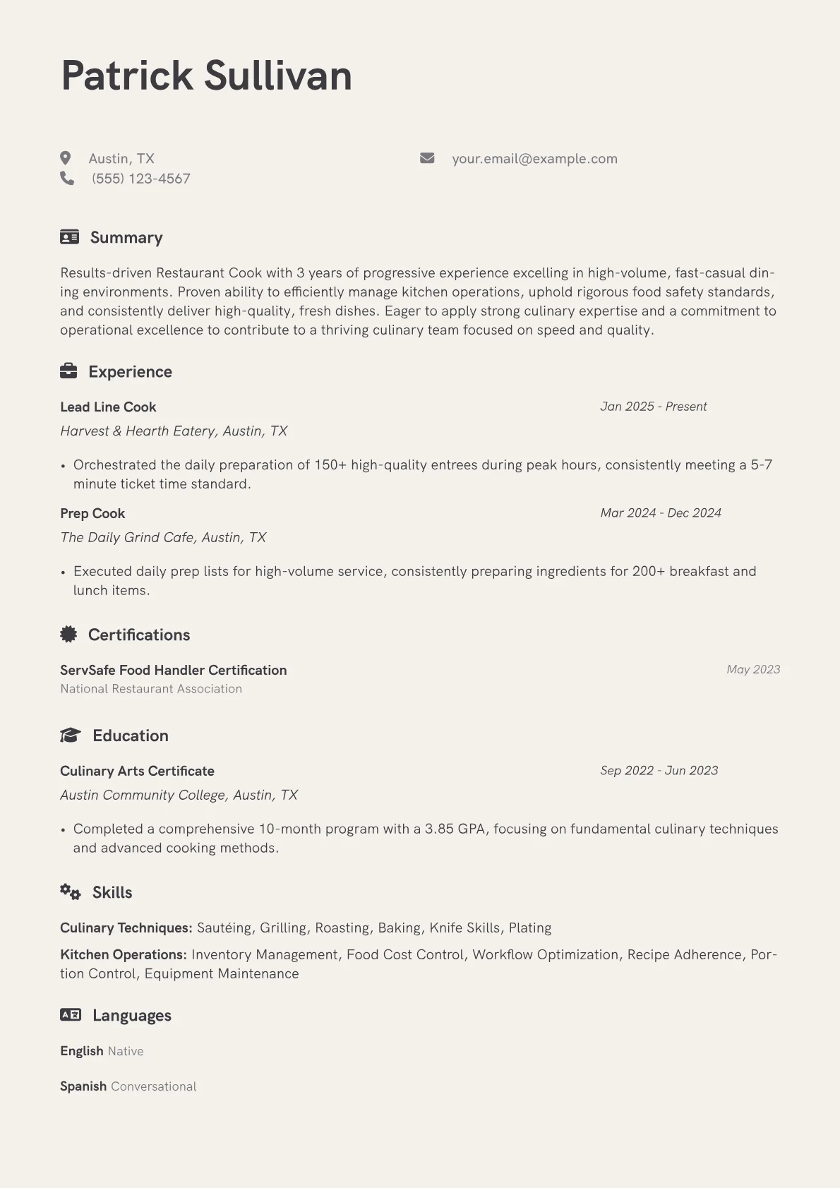Restaurant Cook resume example, High-Volume Fast-Casual, page 1