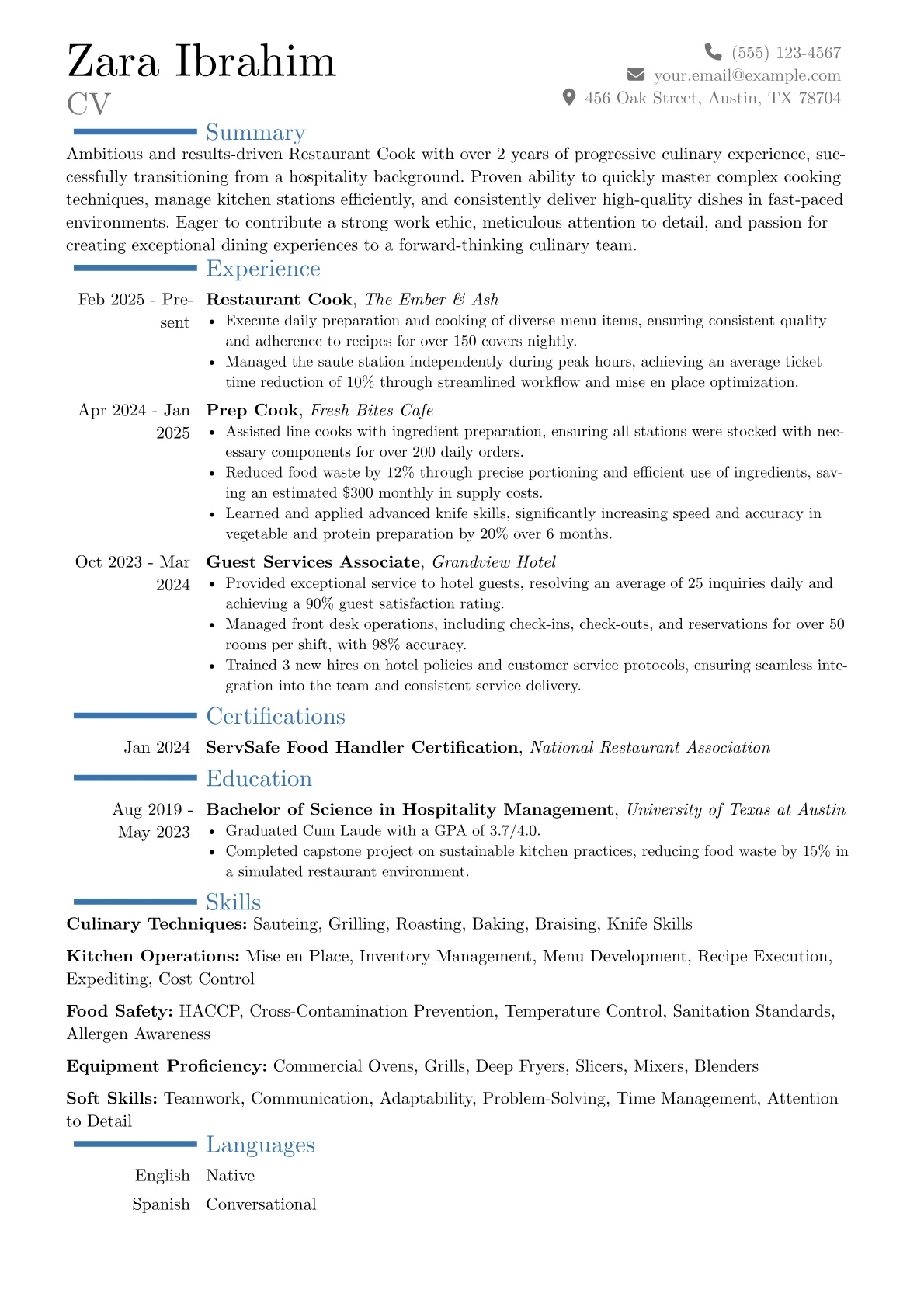 Restaurant Cook resume example, Career changer, page 1