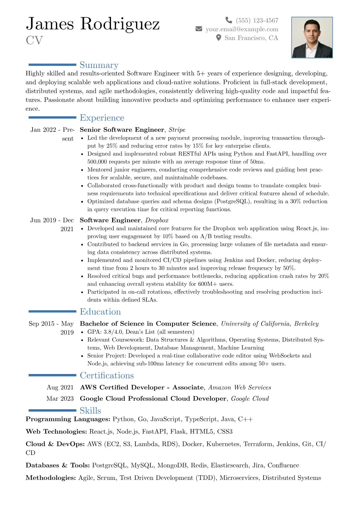 Resume With Photo Example resume example, Software Engineer, page 1