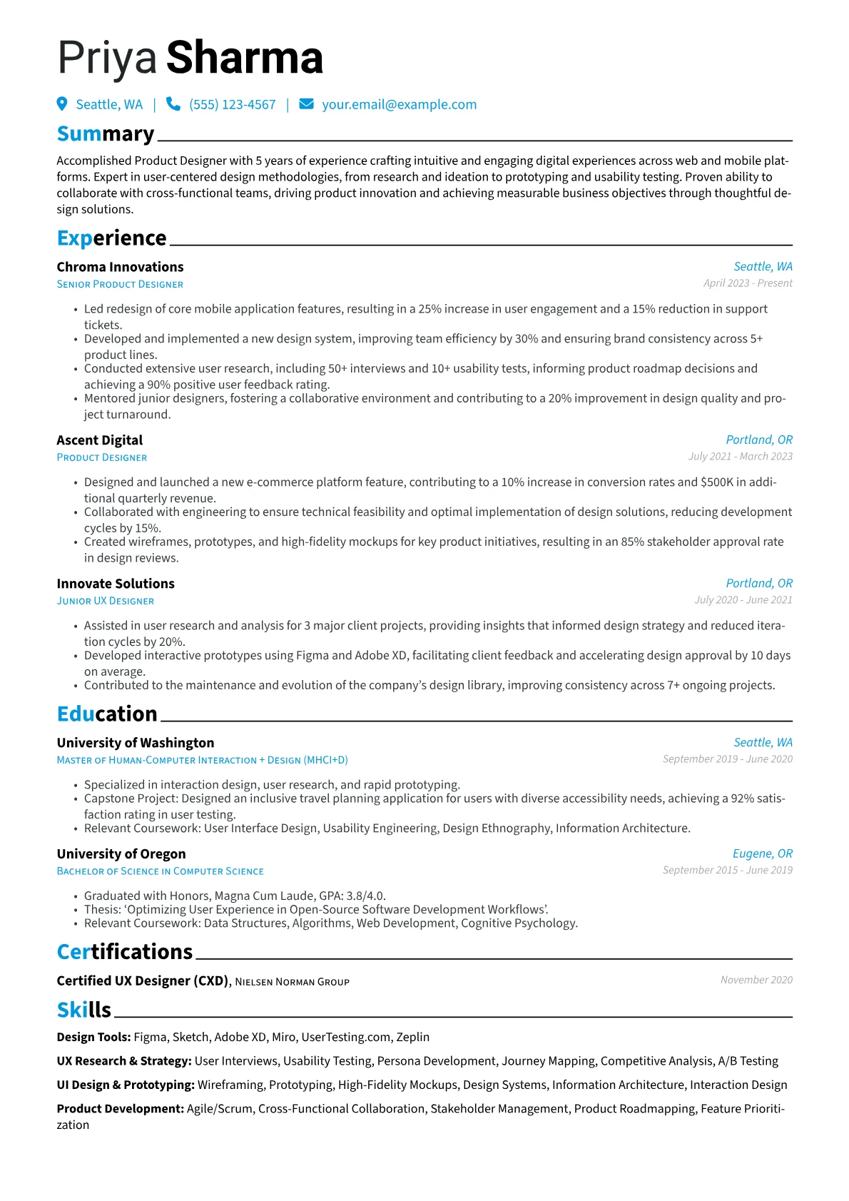 Resume Without Photo Example resume example, Product Designer, page 1