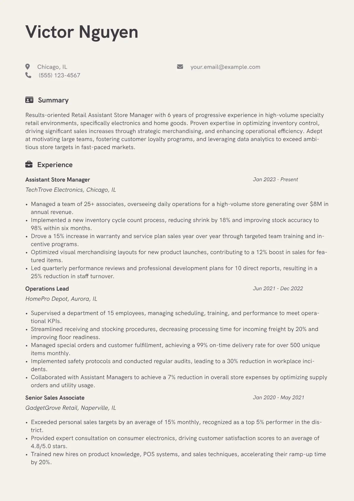 Retail Assistant Store Manager resume example, Electronics & Home Goods, page 1