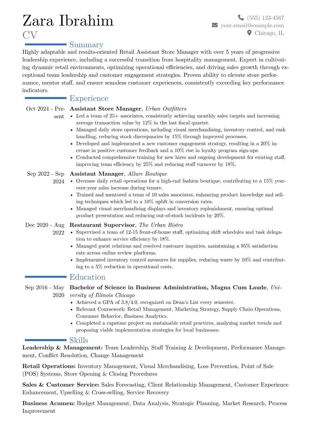 Retail Assistant Store Manager resume example, Career changer, page 1