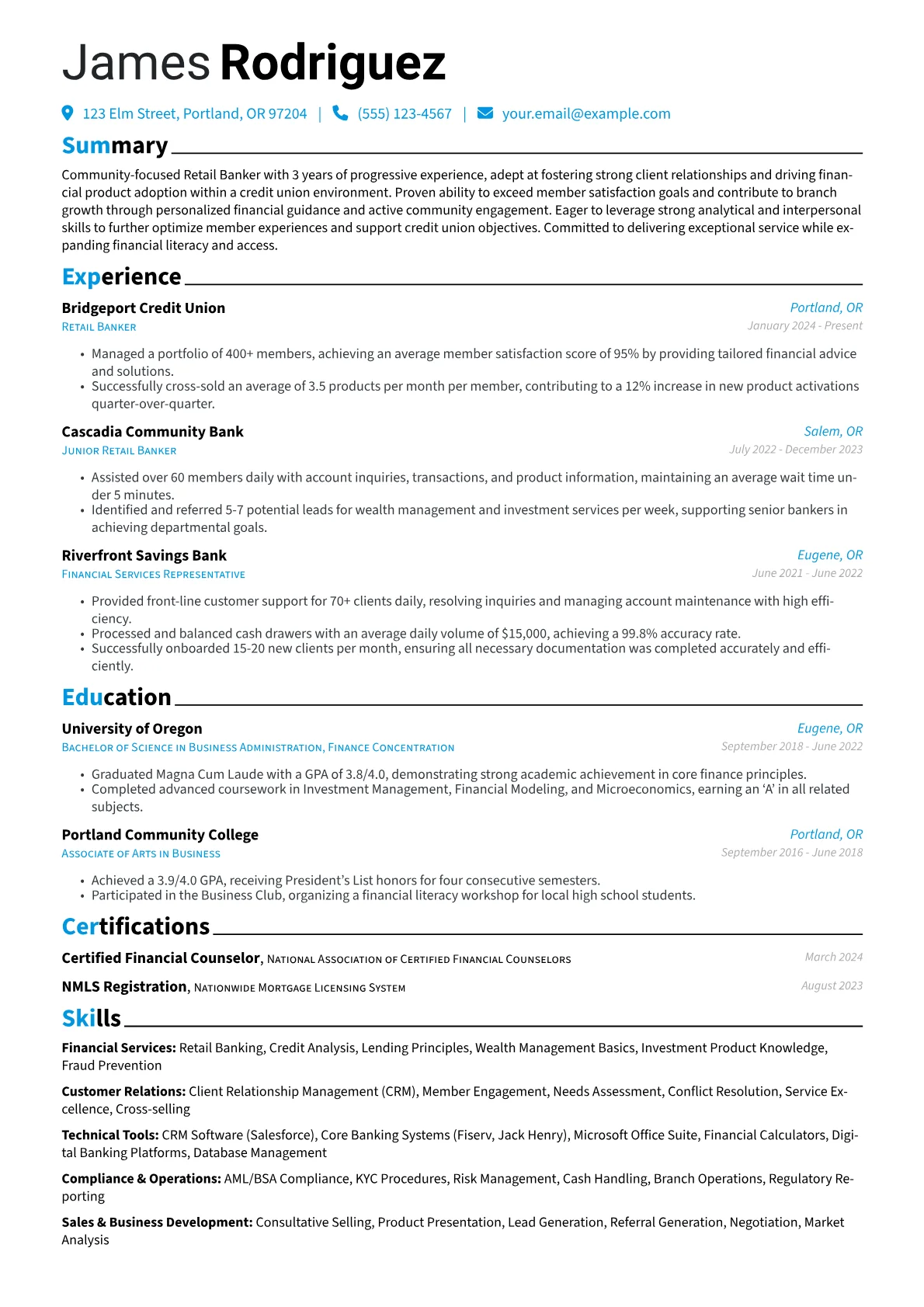 Retail Banker resume example, Credit Union Focused, page 1