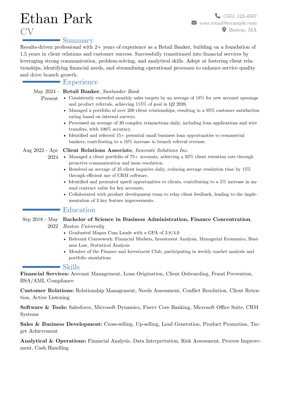 Retail Banker resume example, Career changer, page 1
