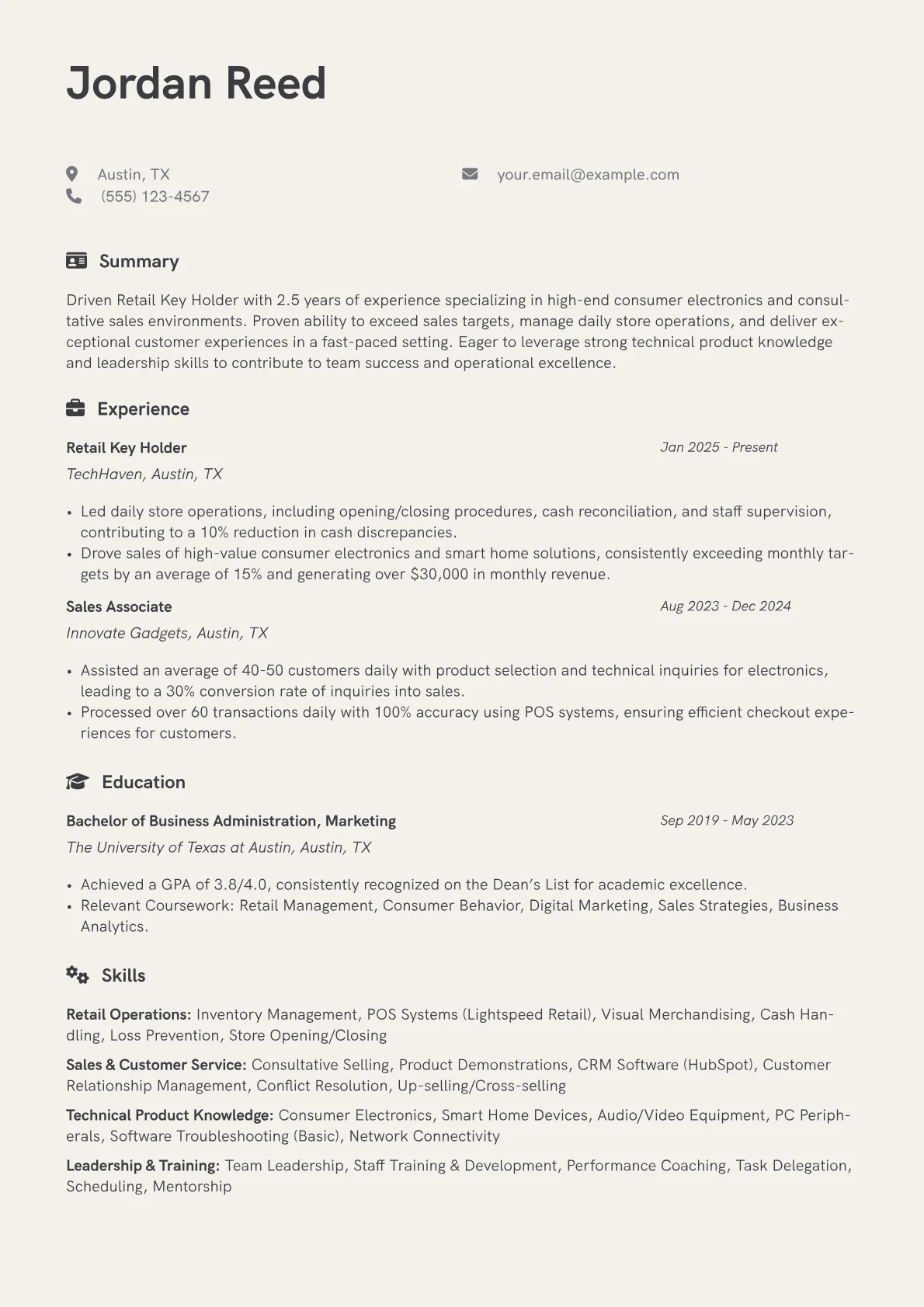 Retail Key Holder resume example, Specialty Electronics, page 1