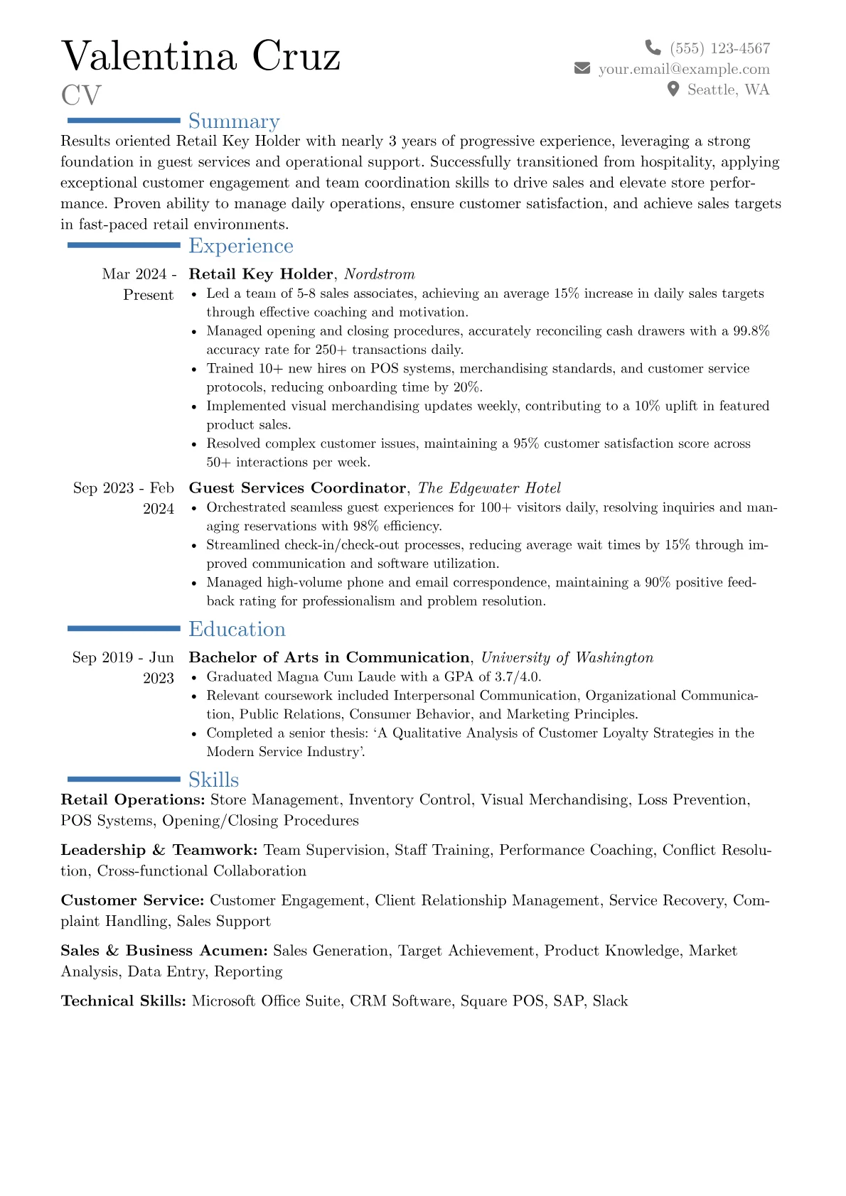 Retail Key Holder resume example, Career changer, page 1