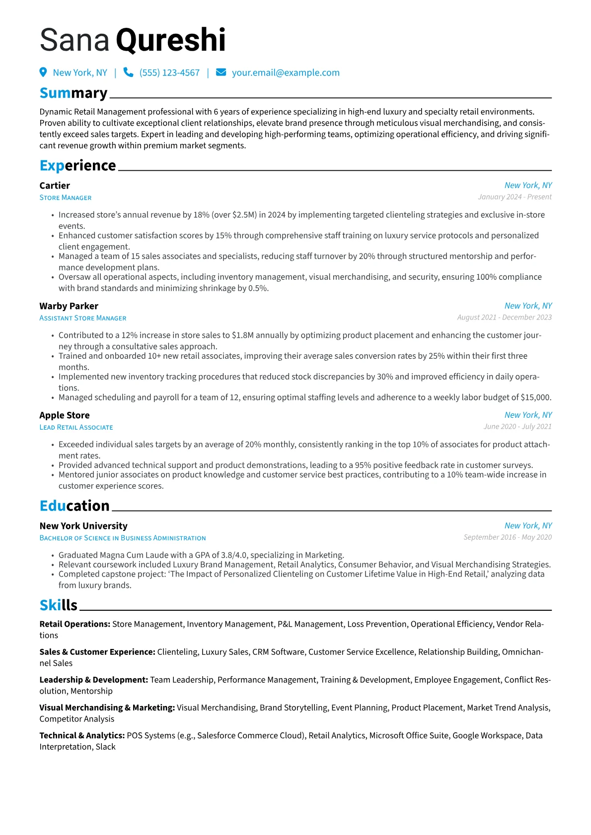 Retail Management resume example, Retail Operations, page 1