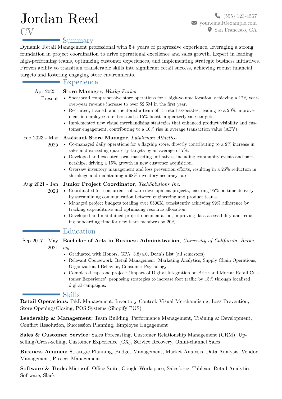 Retail Management resume example, Career changer, page 1