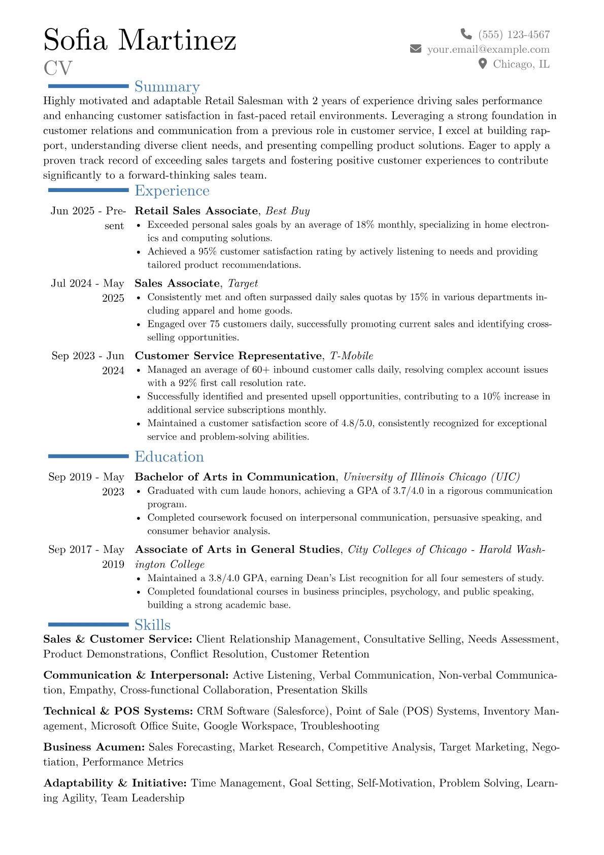 Retail Salesman resume example, Career changer, page 1