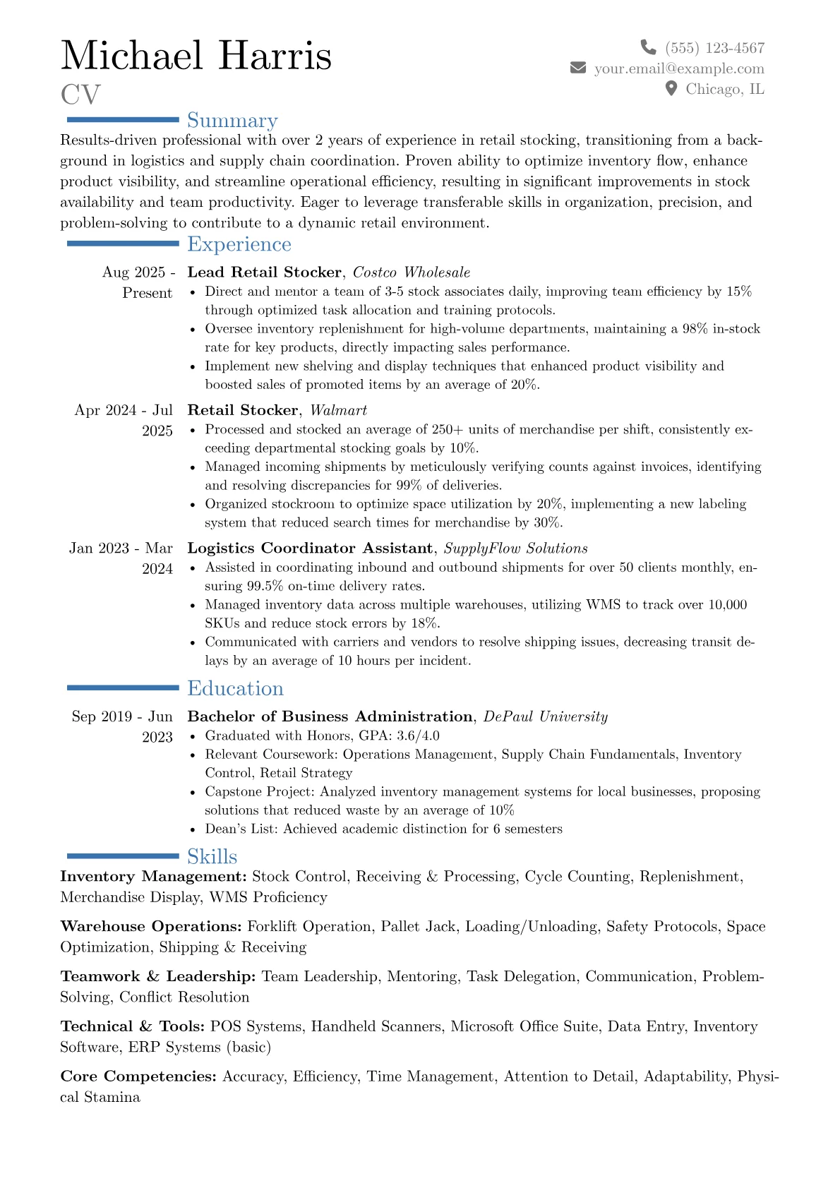 Retail Stocker resume example, Career changer, page 1