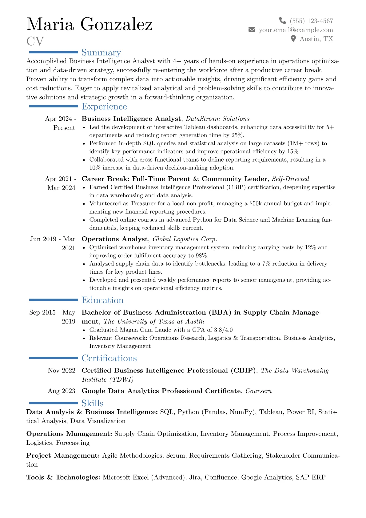 Return to Work resume example, Career changer, page 1