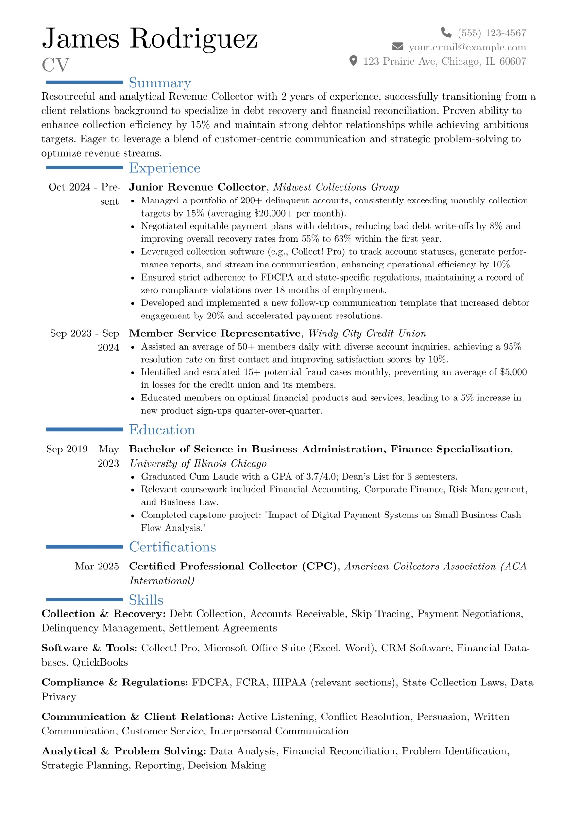 Revenue Collector resume example, Career changer, page 1