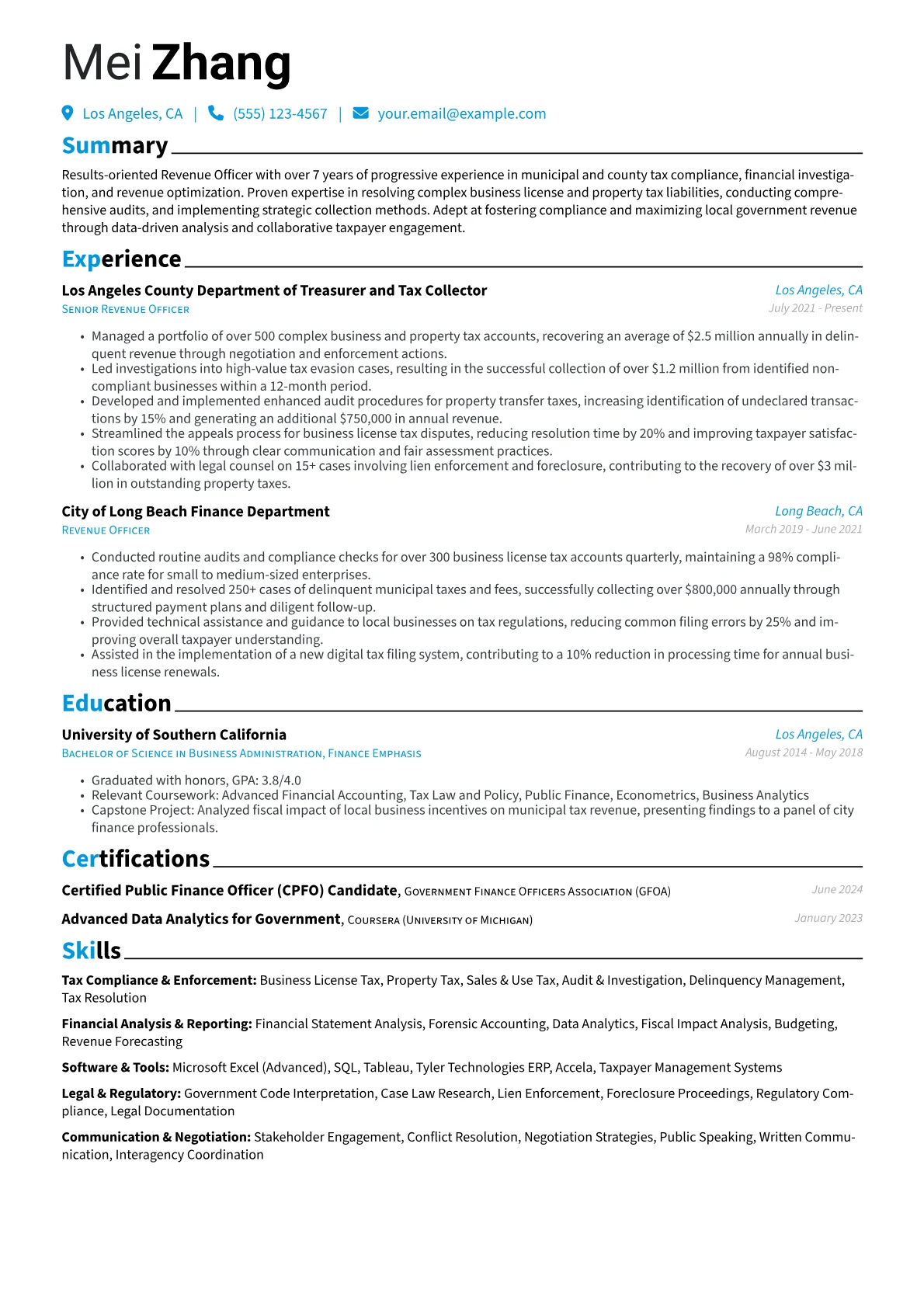 Revenue Officer resume example, Municipal & County Tax, page 1