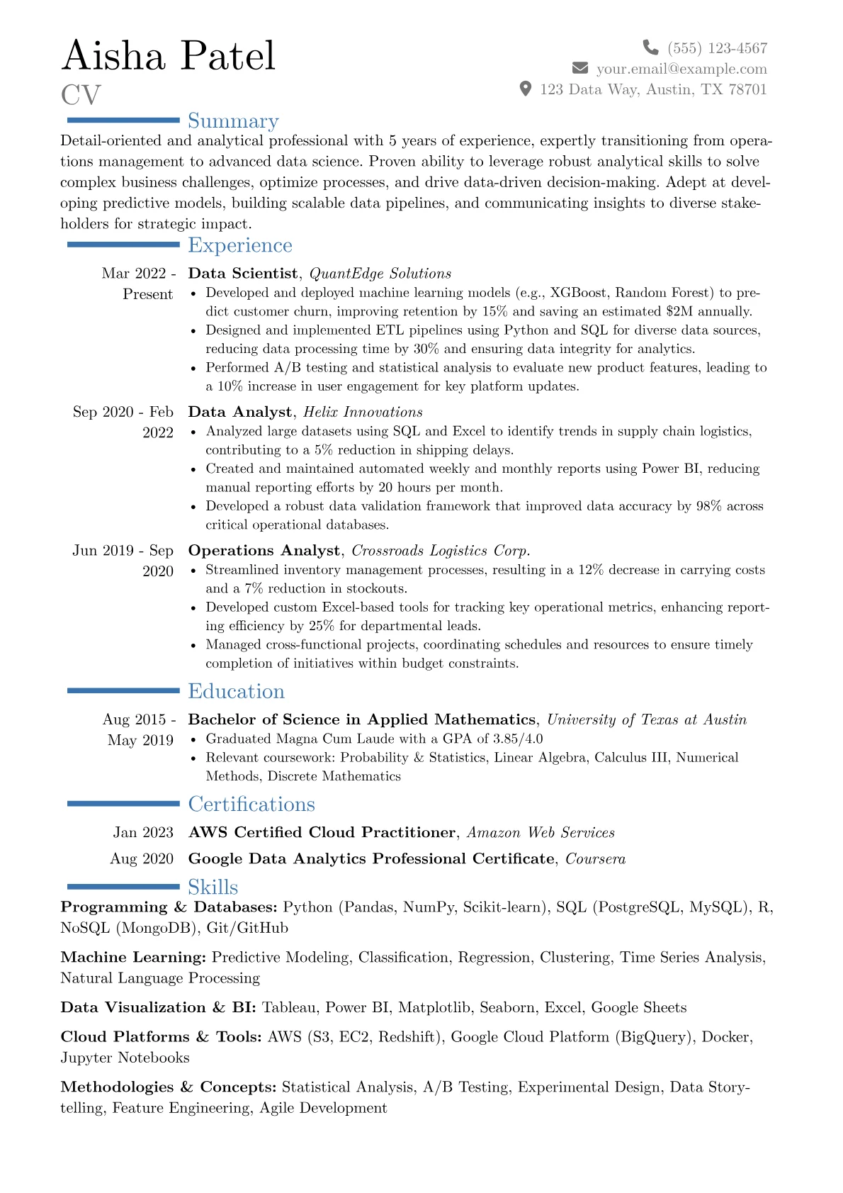 Reverse Chronological resume example, Career changer, page 1