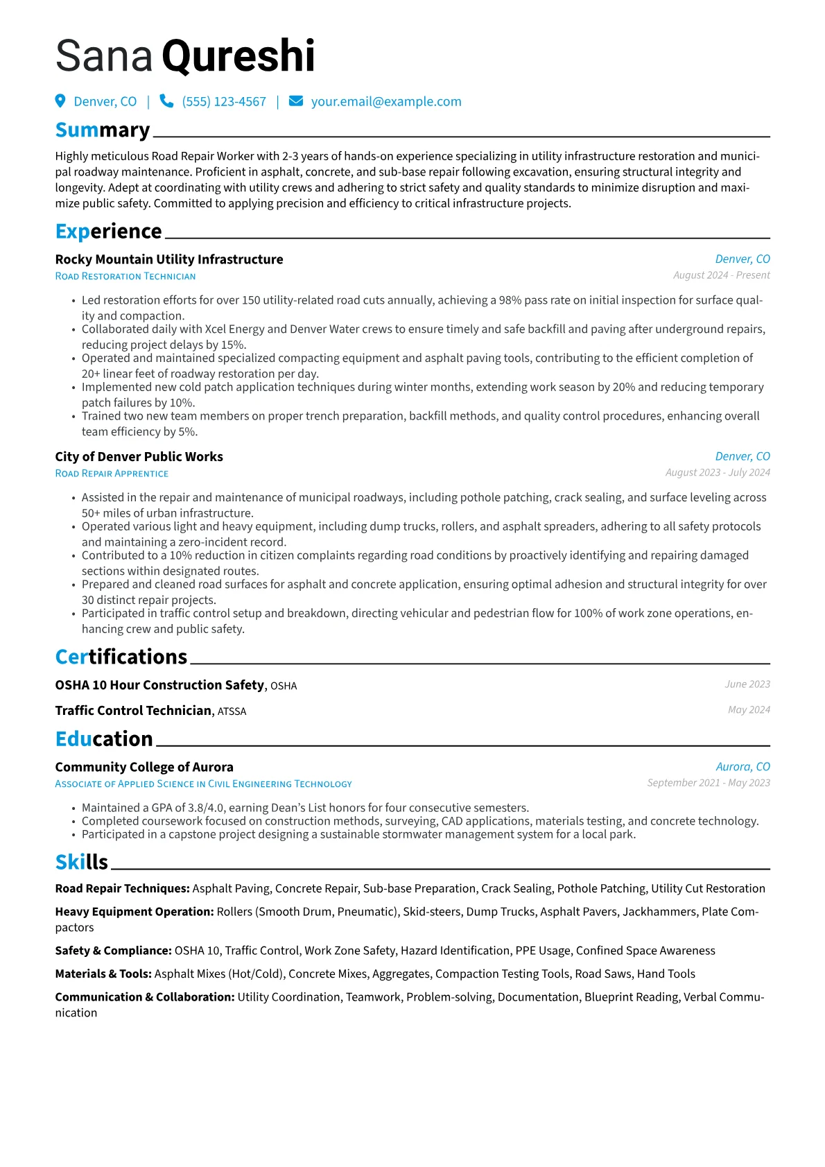 Road Repair Worker resume example, Road Repair Techniques, page 1