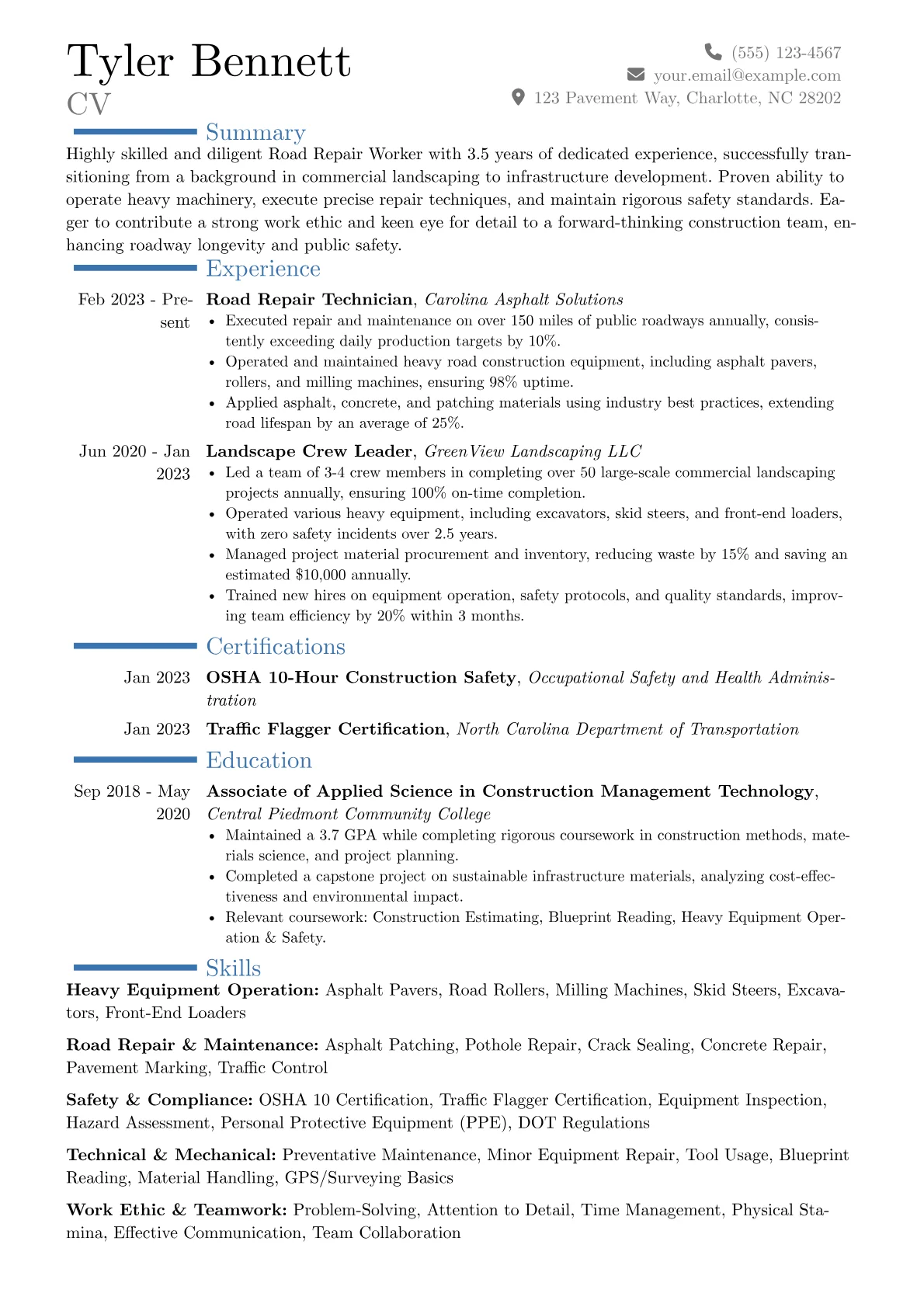 Road Repair Worker resume example, Career changer, page 1