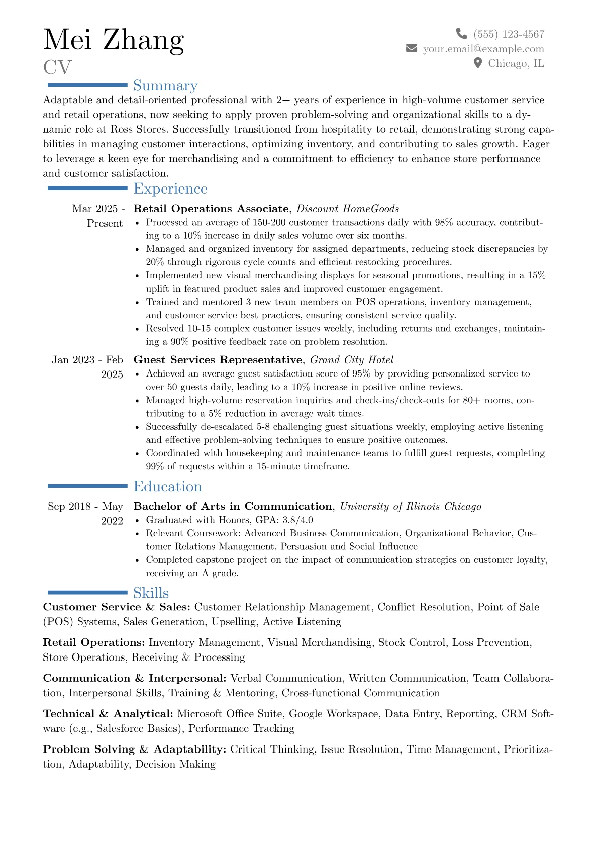 Ross Stores resume example, Career changer, page 1