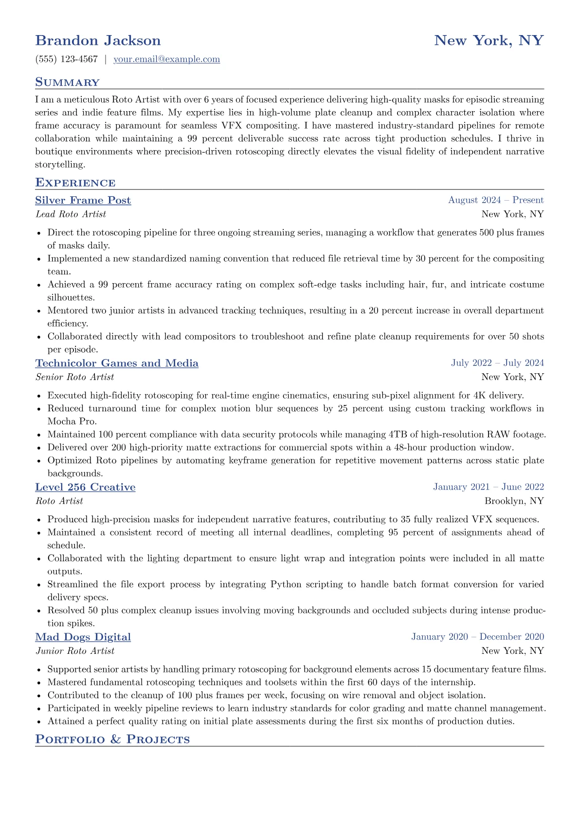 Roto Artist resume example, Episodic Indie Roto, page 1