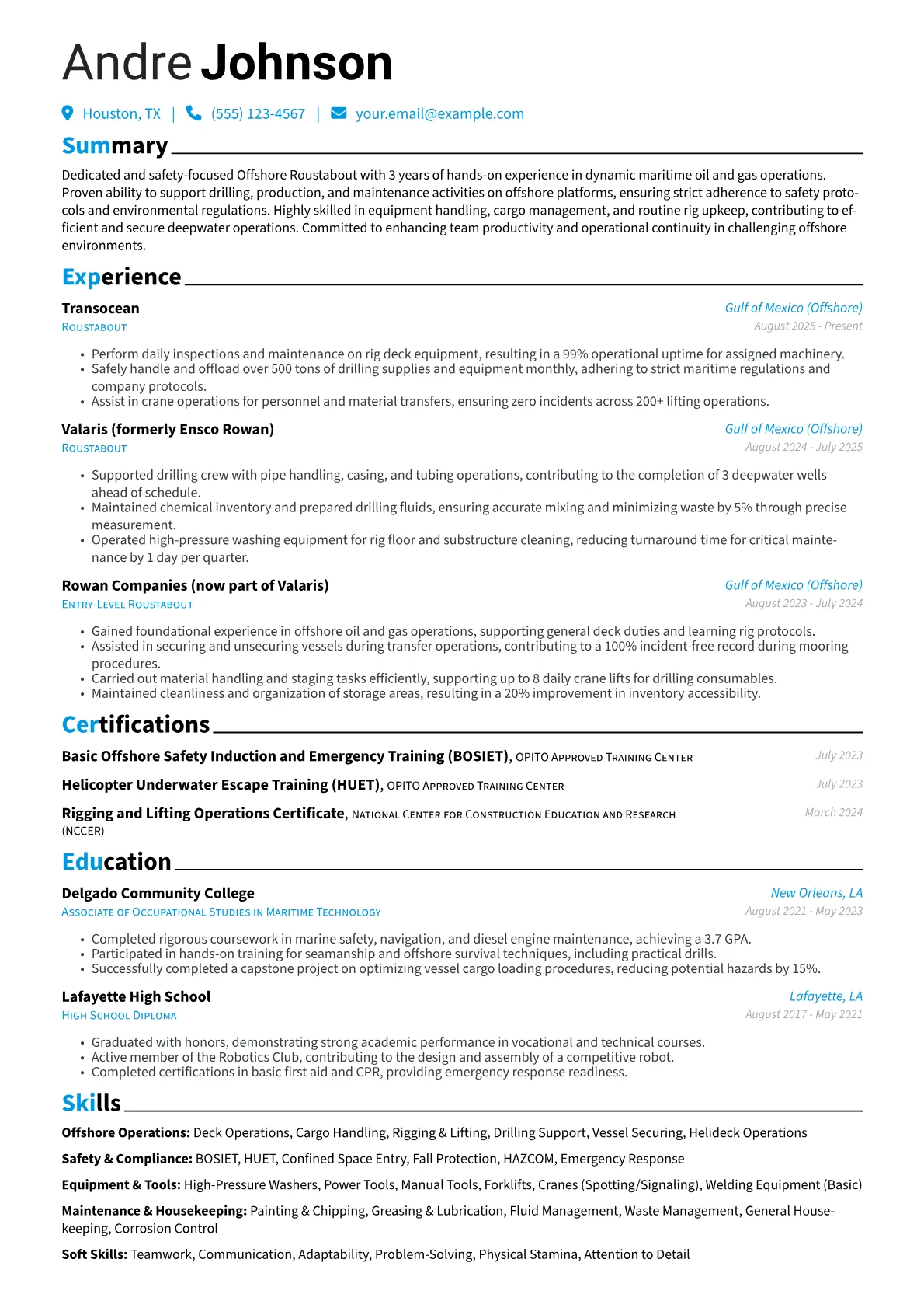 Roustabout resume example, Entry-Level Offshore, page 1