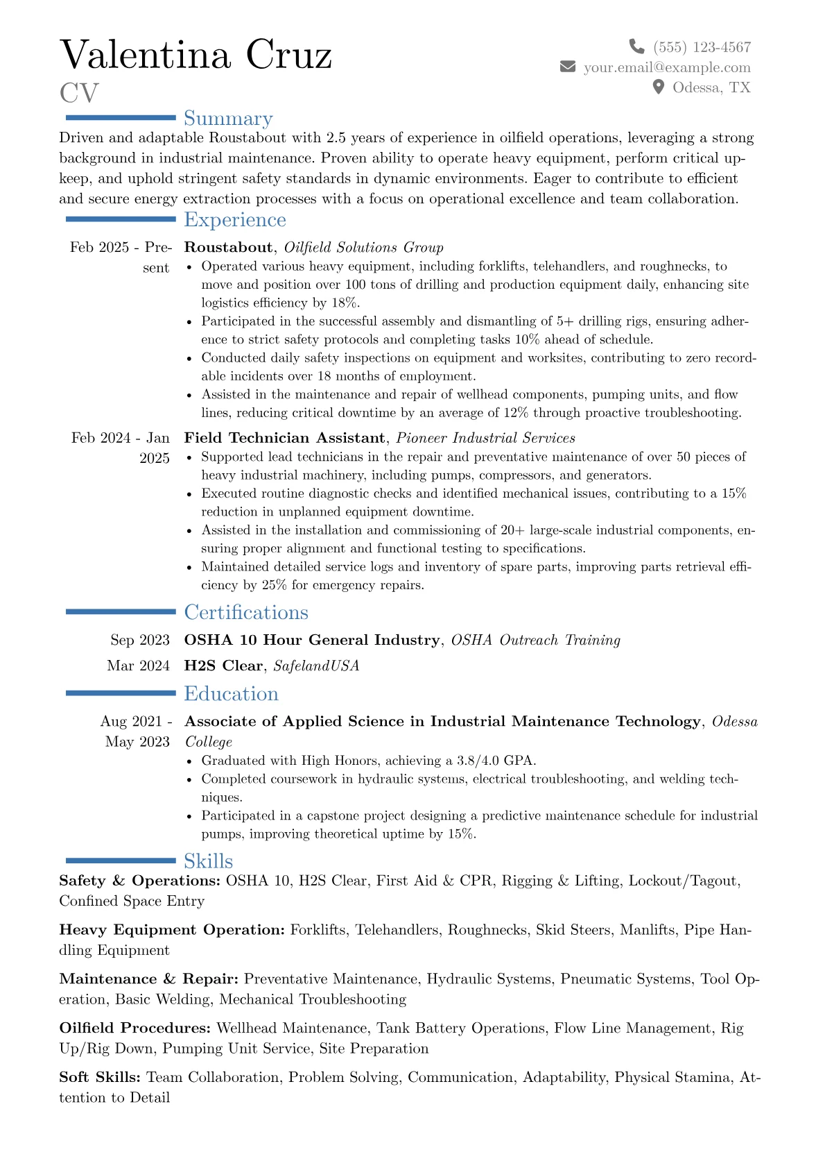 Roustabout resume example, Career changer, page 1
