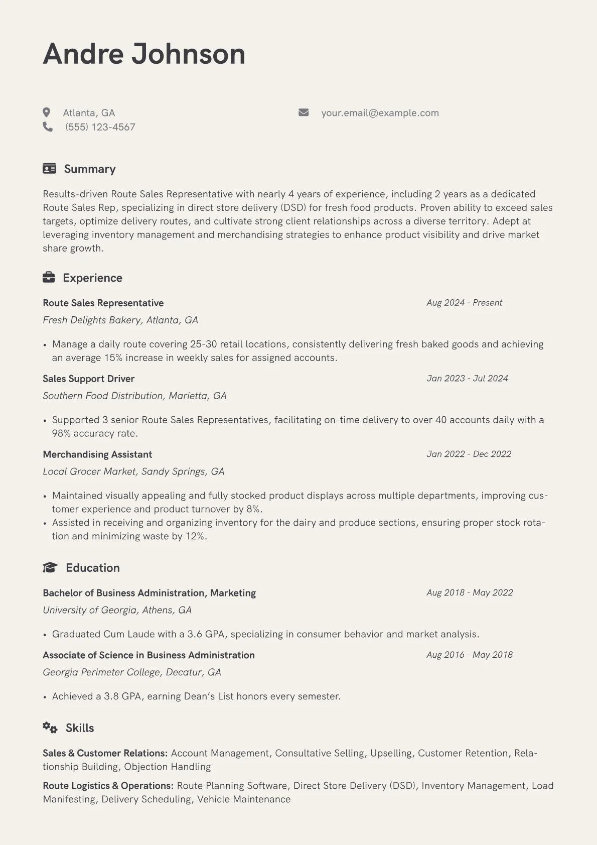 Route Sales Representative resume example, Route Sales Representative, page 1