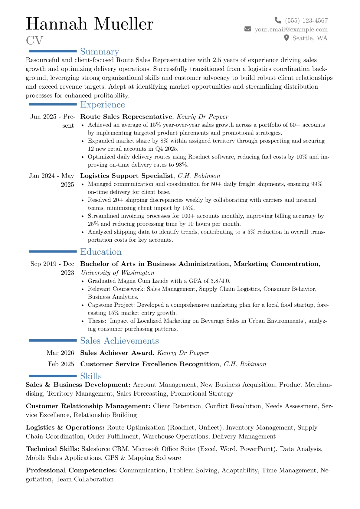 Route Sales Representative resume example, Career changer, page 1