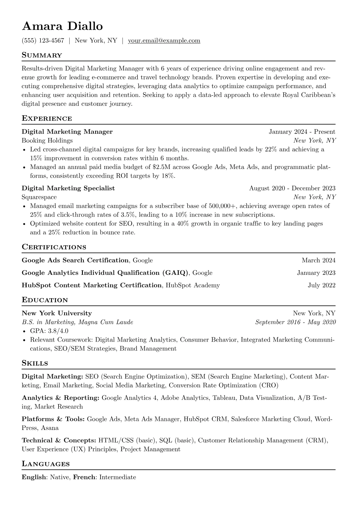 Royal Caribbean resume example, Digital Marketing Manager, page 1
