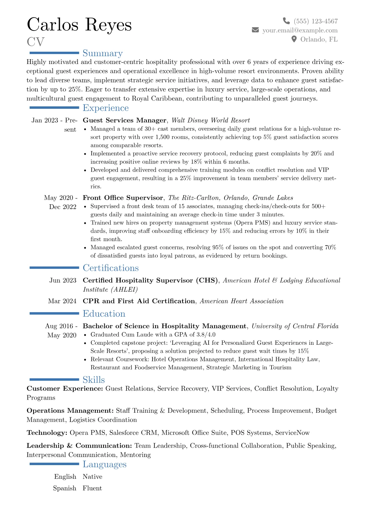 Royal Caribbean resume example, Career changer, page 1