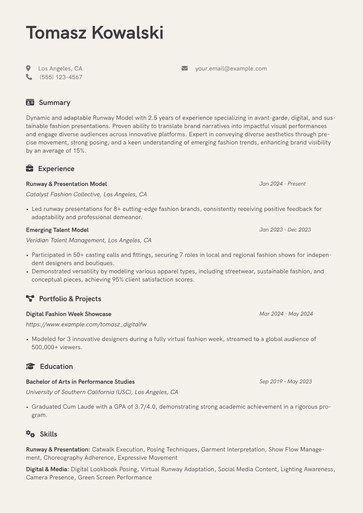 Runway Model resume example, Digital & Sustainable, page 1