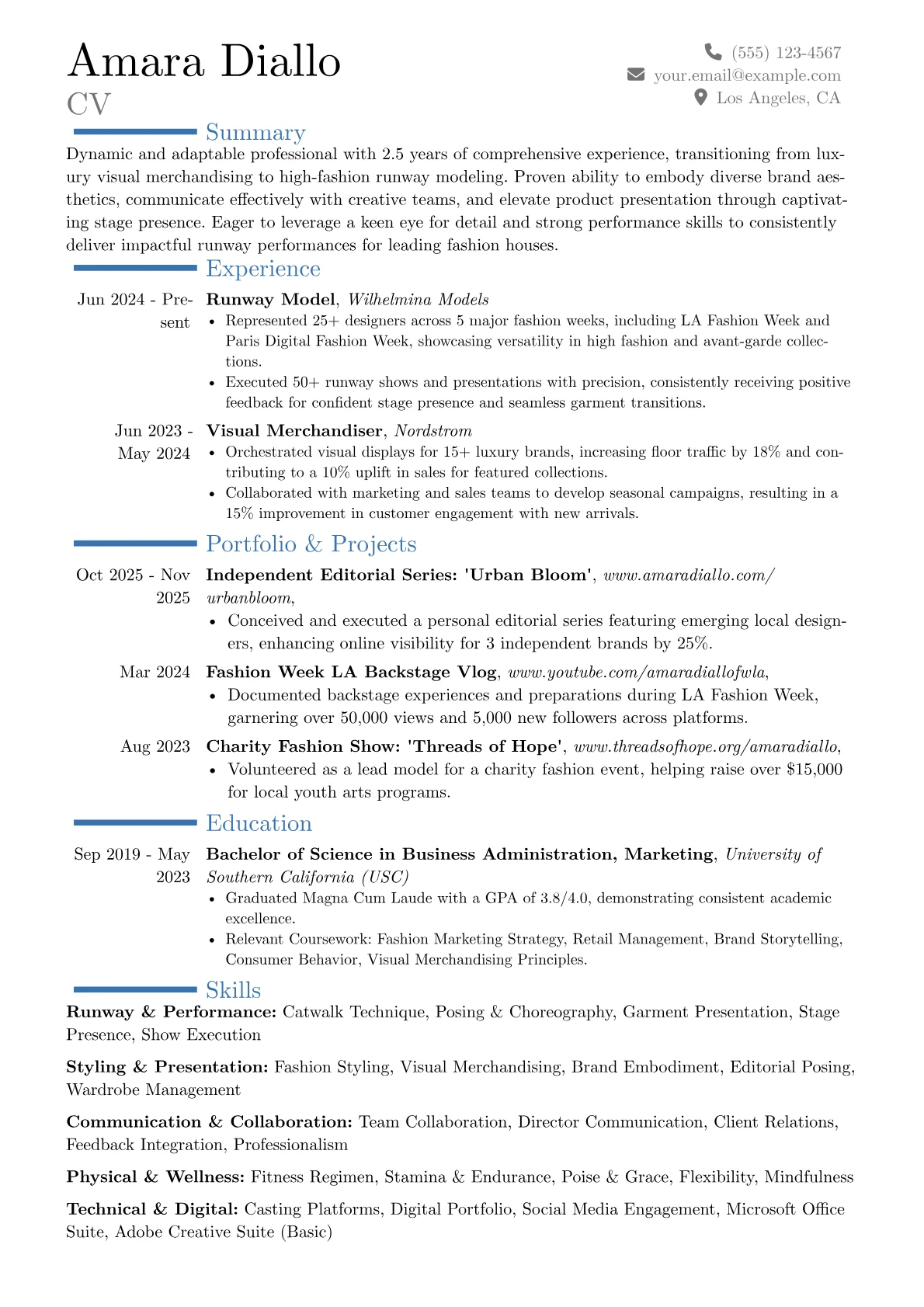 Runway Model resume example, Career changer, page 1