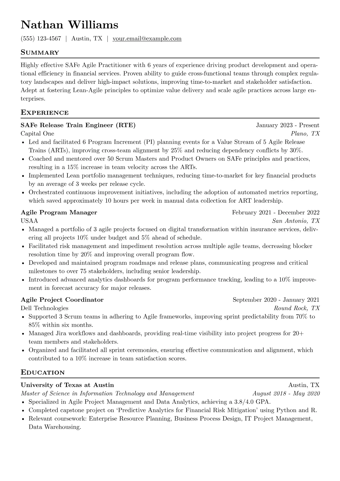 SAFe Agile Practitioner resume example, SAFe Agile Practitioner, page 1