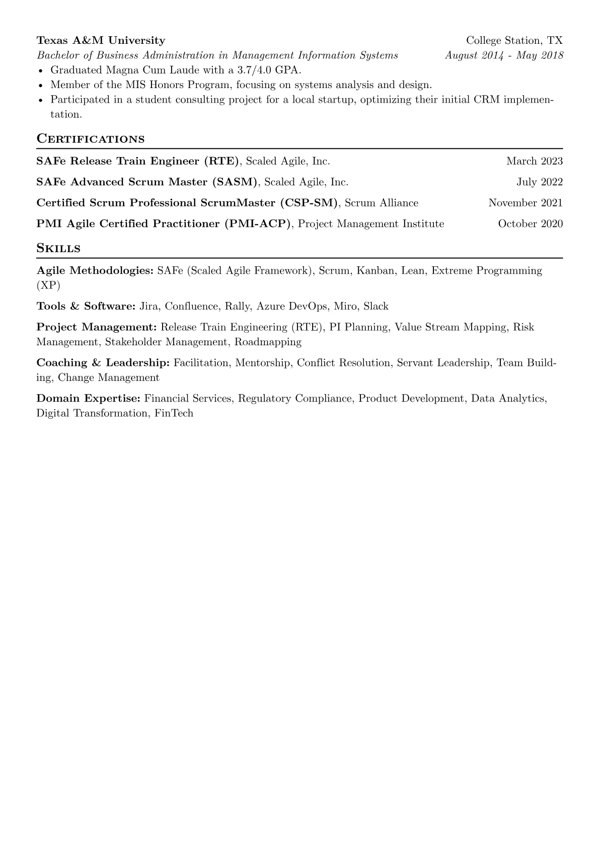 SAFe Agile Practitioner resume example, SAFe Agile Practitioner, page 2