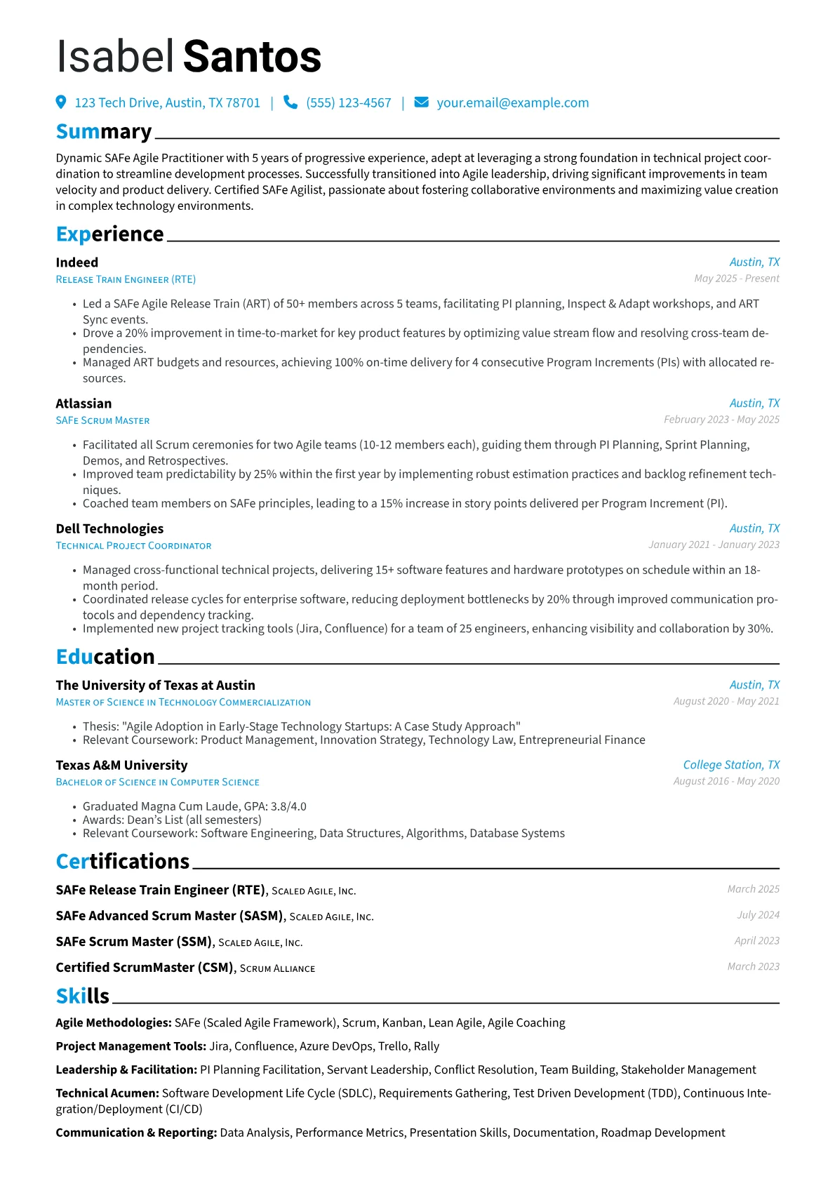 SAFe Agile Practitioner resume example, Career changer, page 1