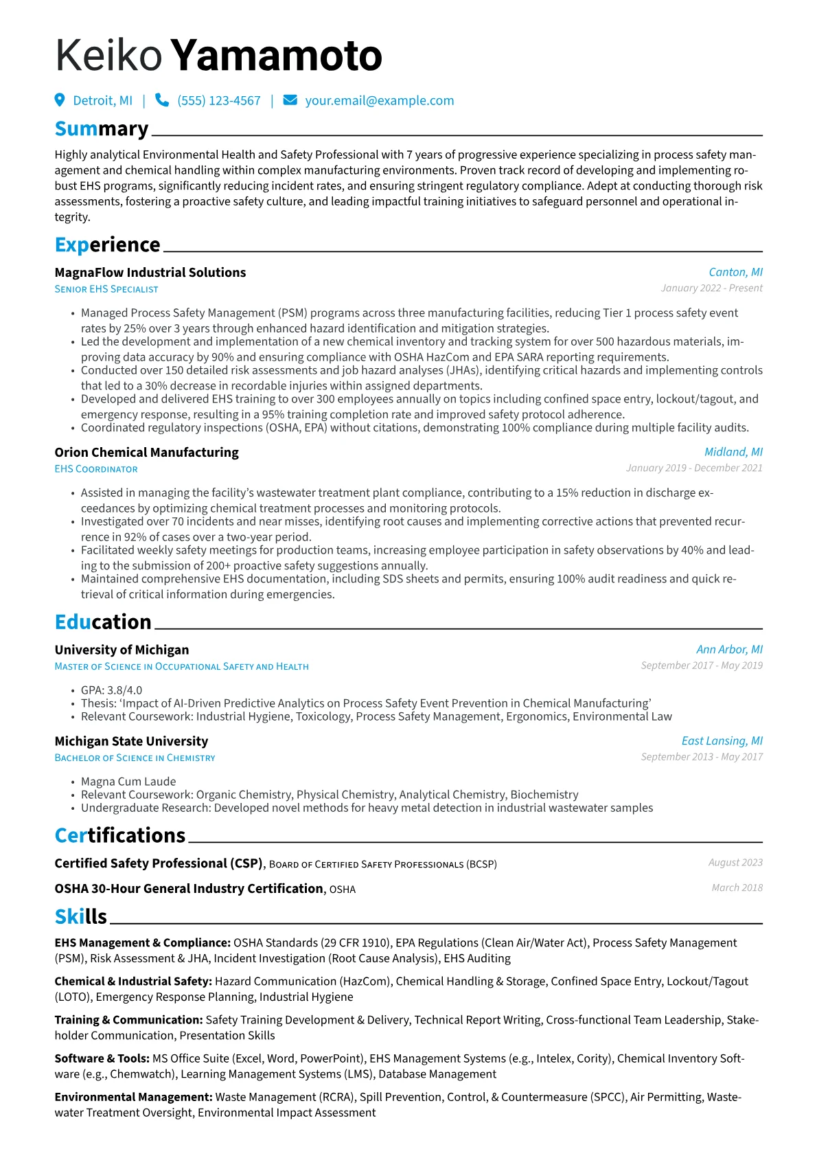 Safety Professional resume example, EHS Manufacturing, page 1