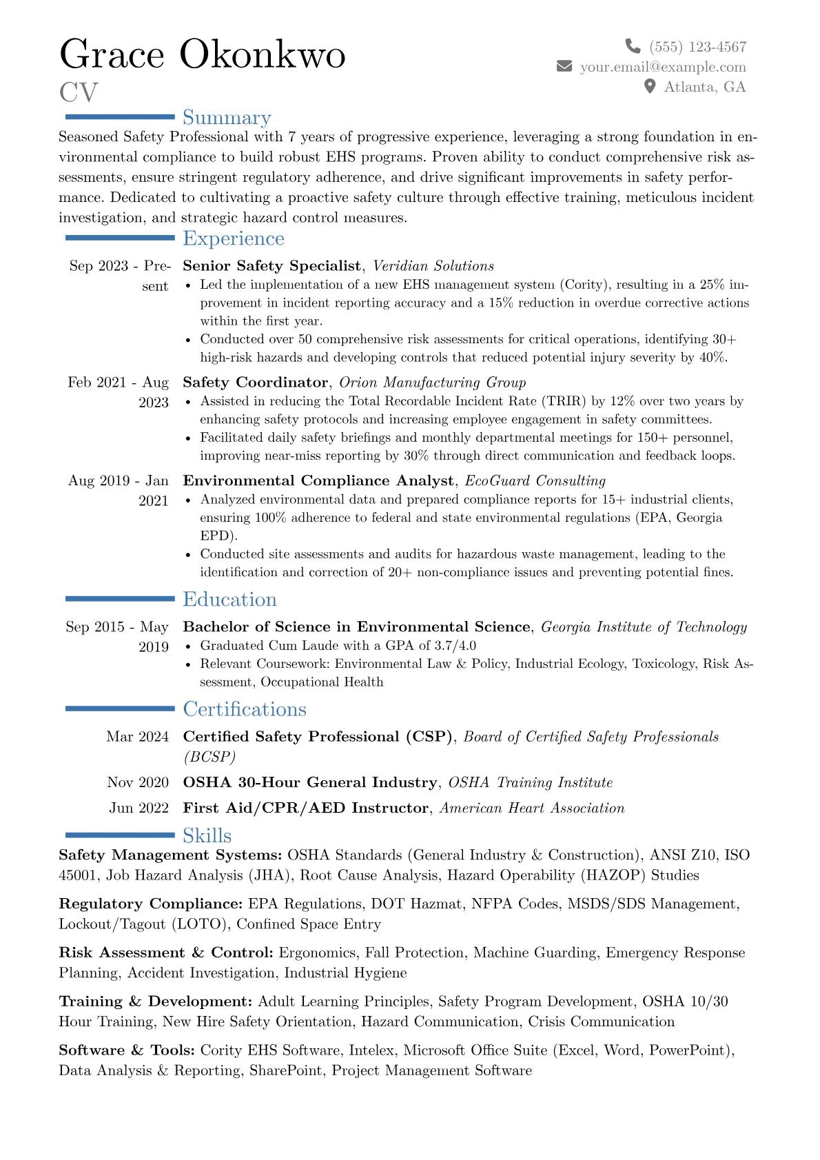 Safety Professional resume example, Career changer, page 1