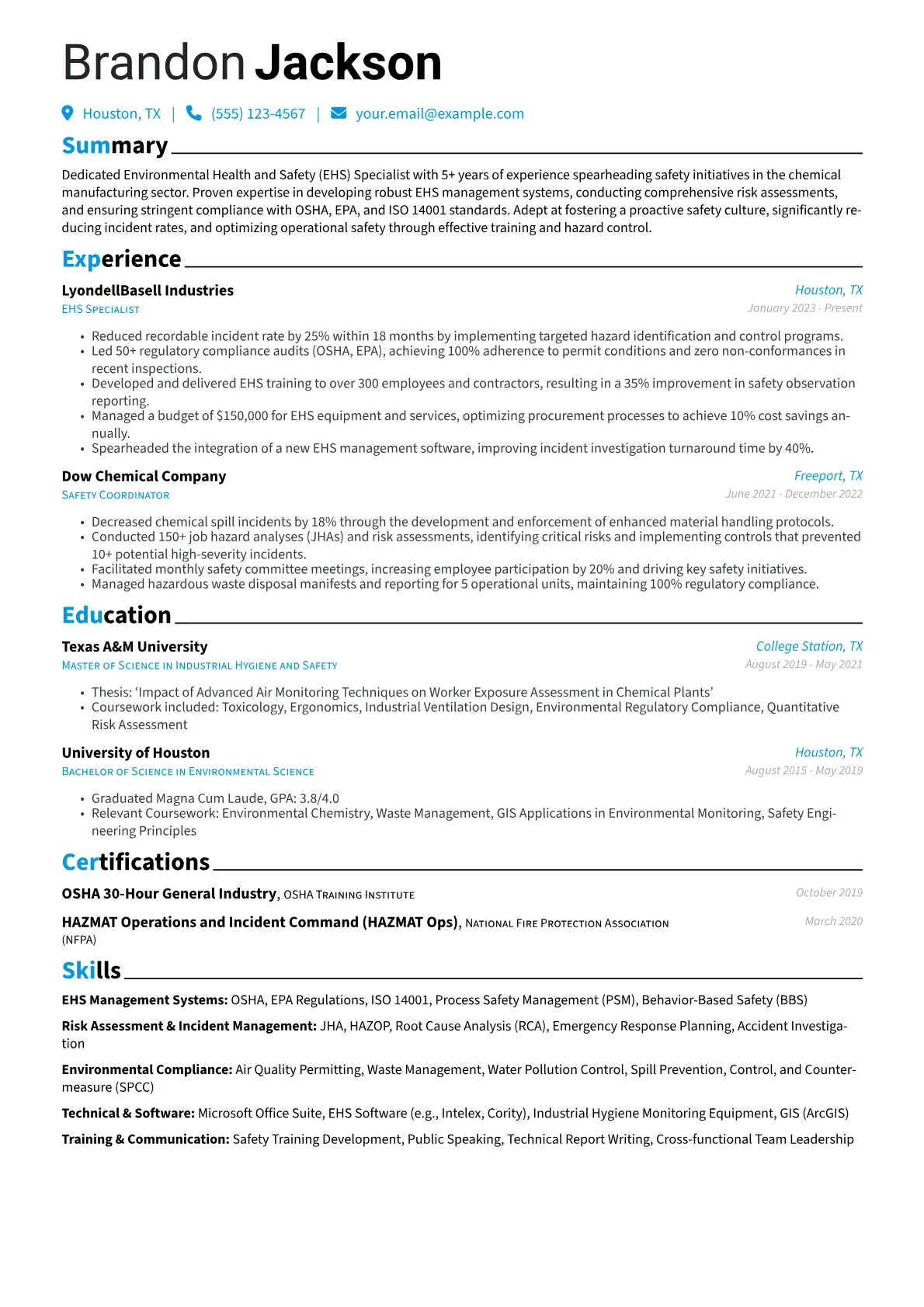 Safety Specialist resume example, Chemical EHS Focus, page 1