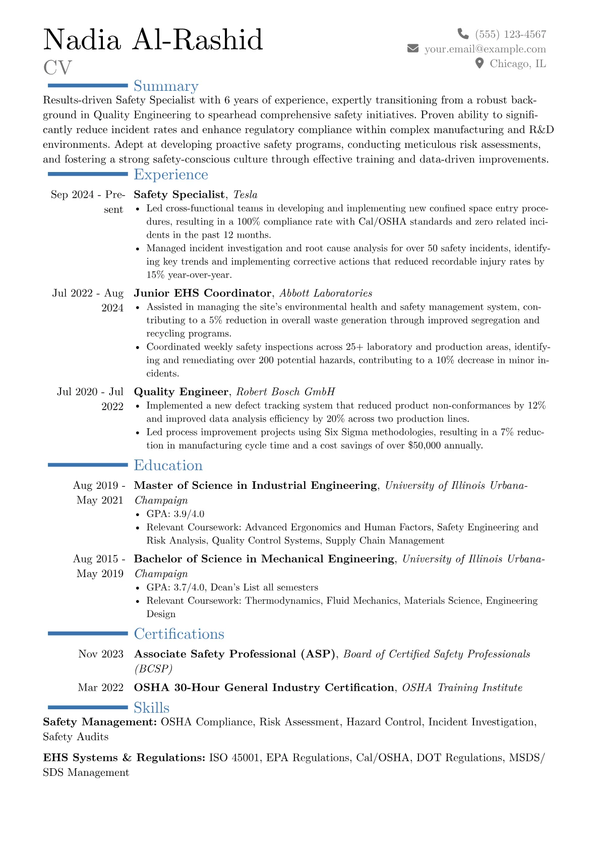 Safety Specialist resume example, Career changer, page 1