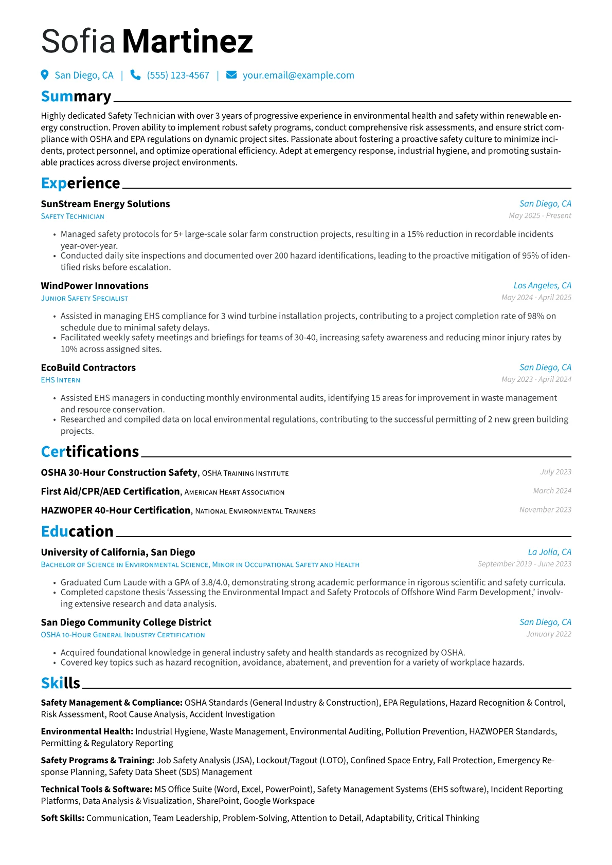 Safety Technician resume example, Renewable Energy, page 1