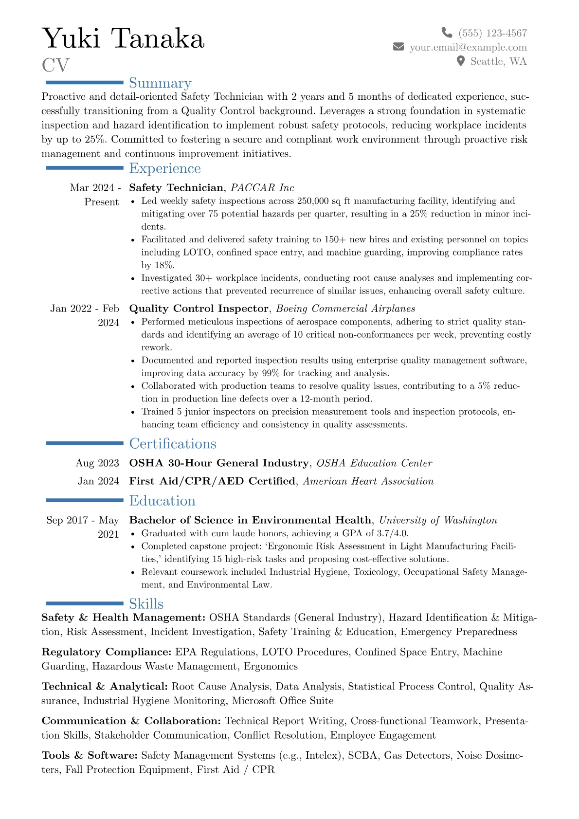 Safety Technician resume example, Career changer, page 1