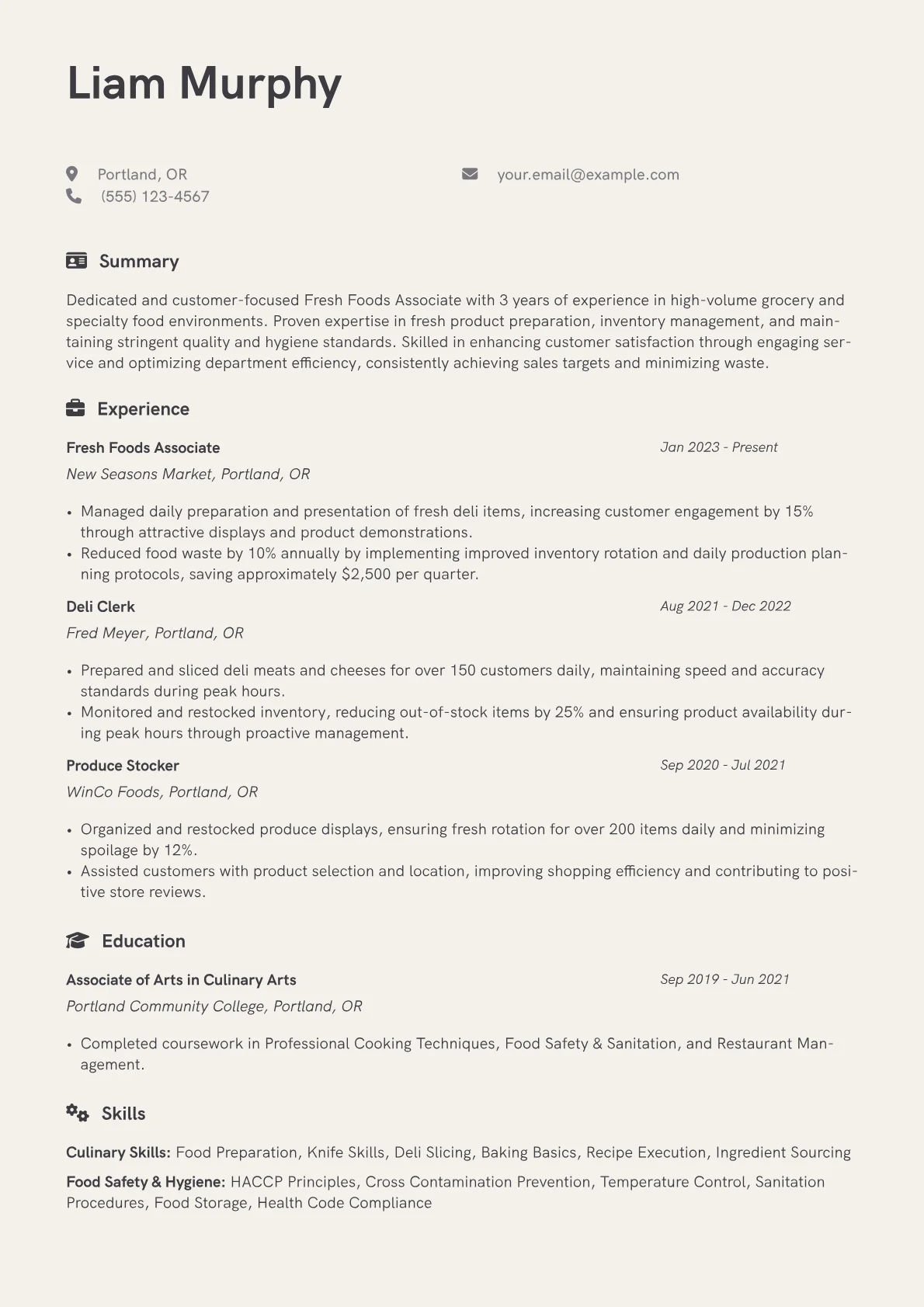 Safeway resume example, Safeway Fresh Foods, page 1