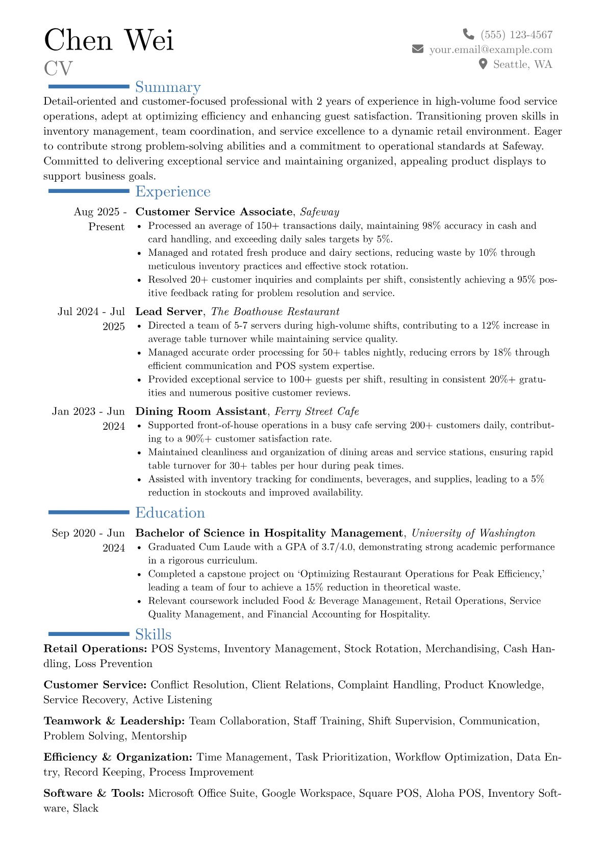 Safeway resume example, Career changer, page 1
