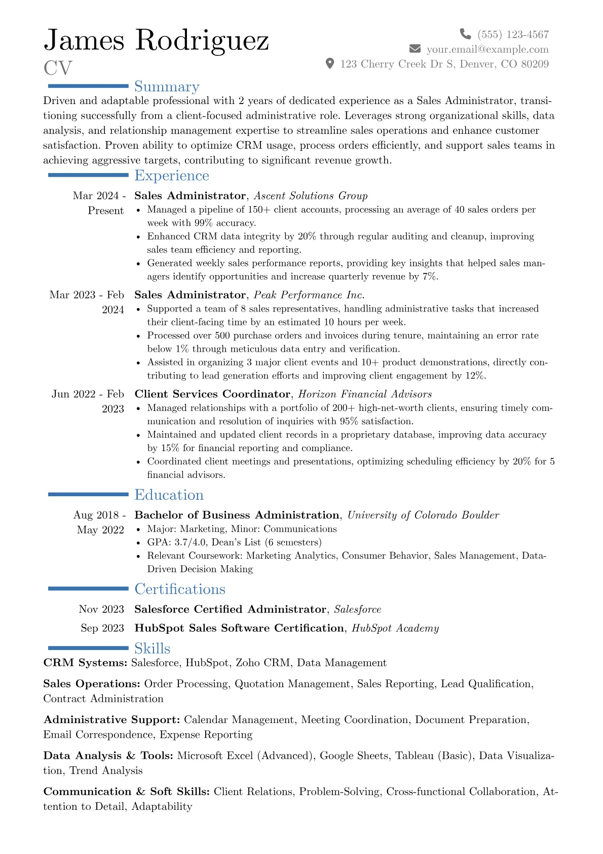Sales Administrator resume example, Career changer, page 1