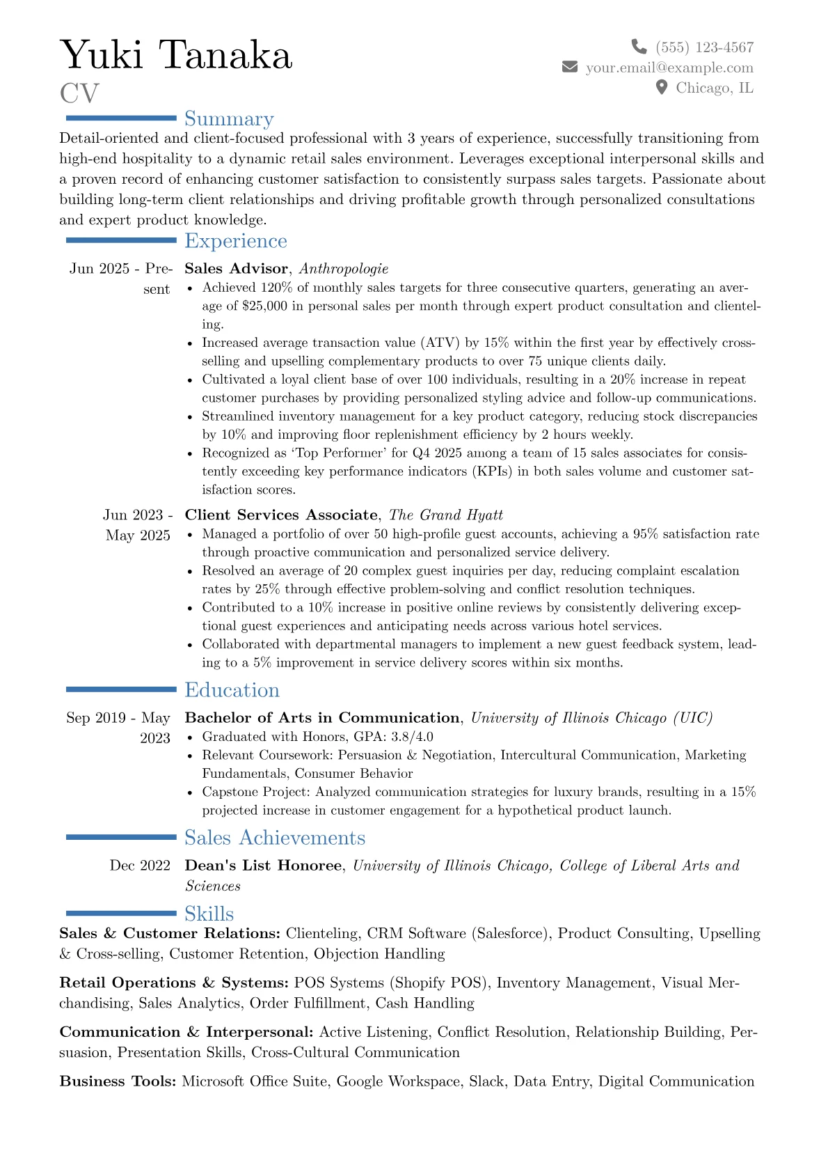 Sales Advisor resume example, Career changer, page 1