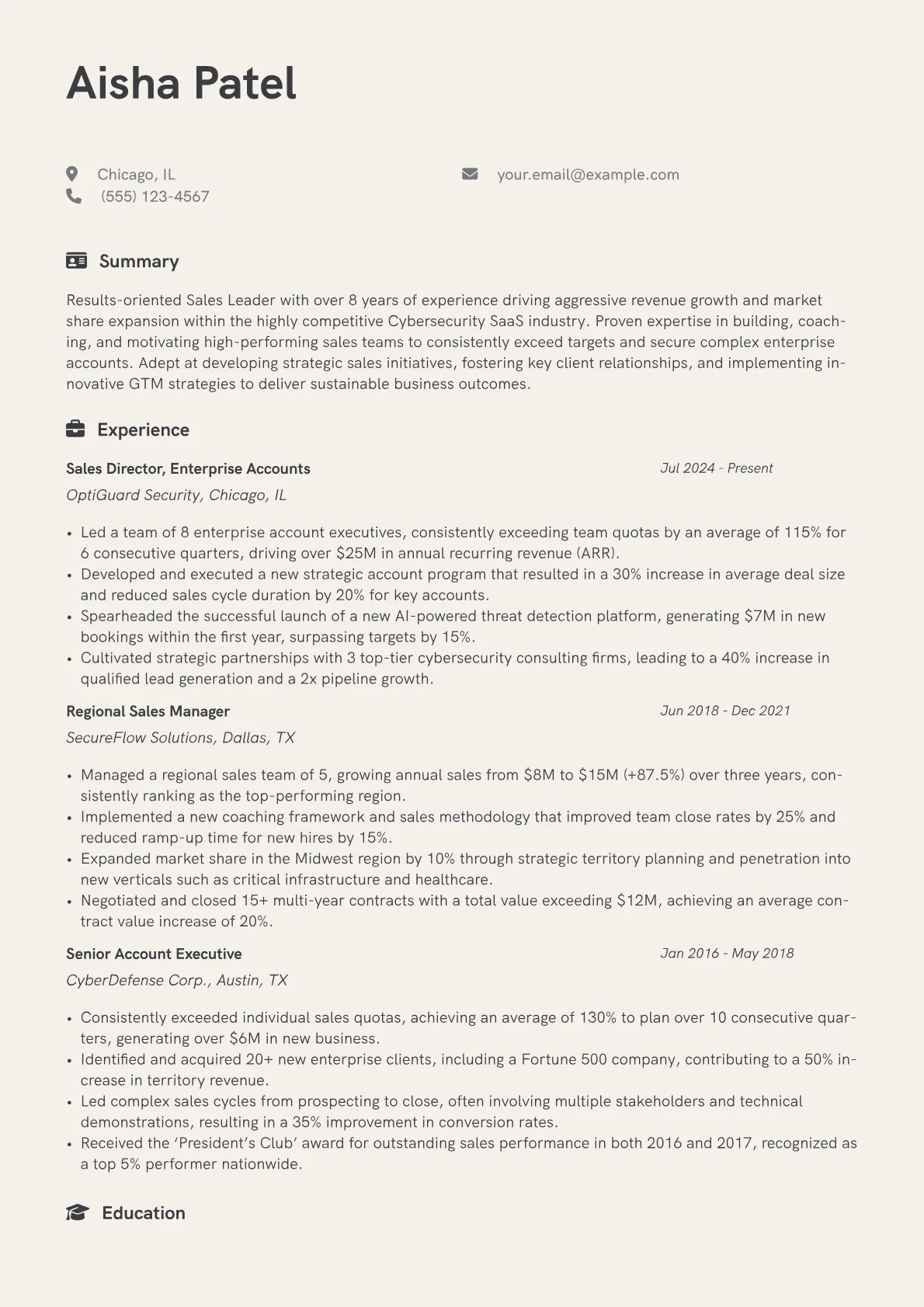 Sales Leader resume example, Cybersecurity SaaS Sales, page 1